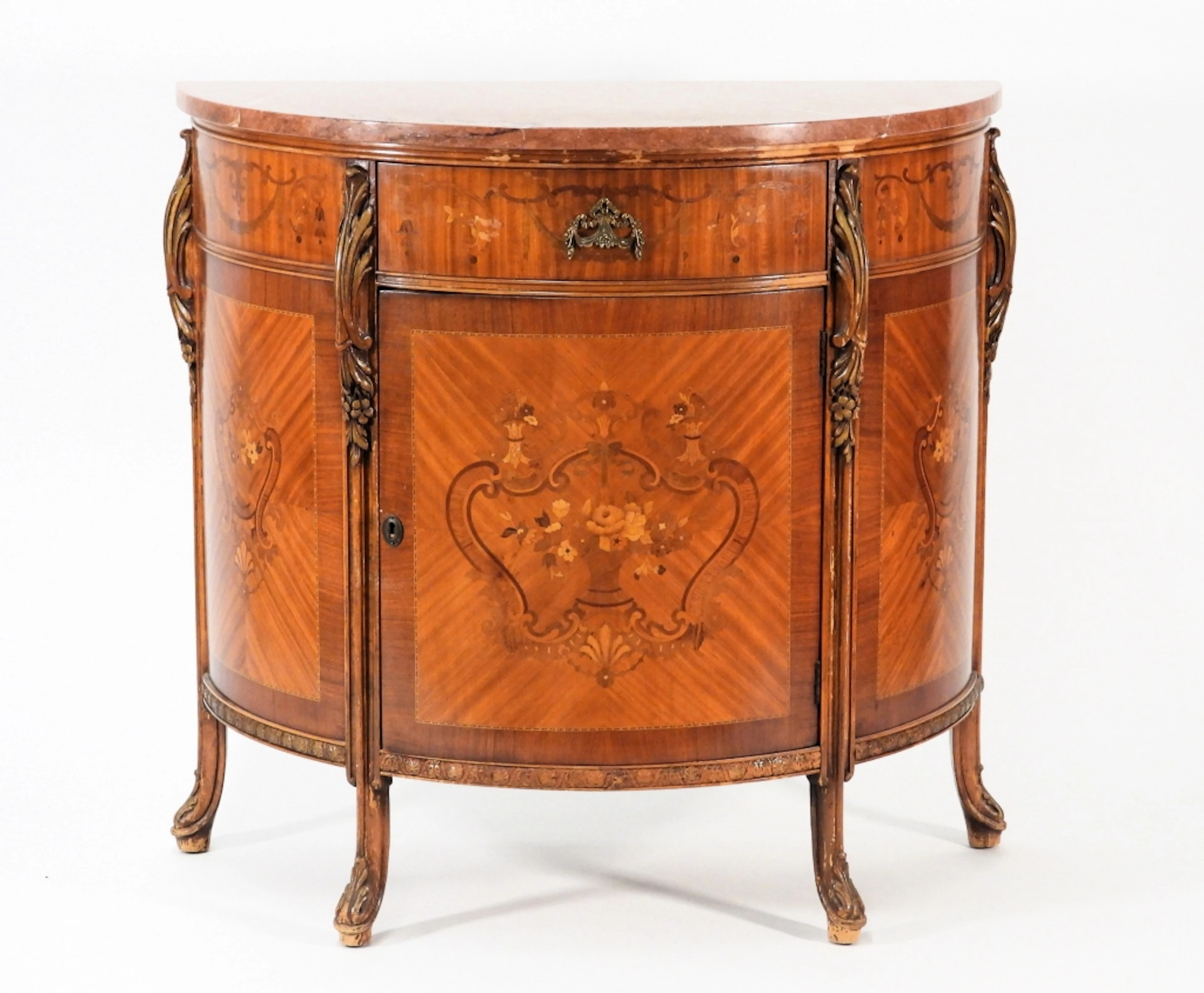 French Style Demi-lune Marble Top Console Cabinet
