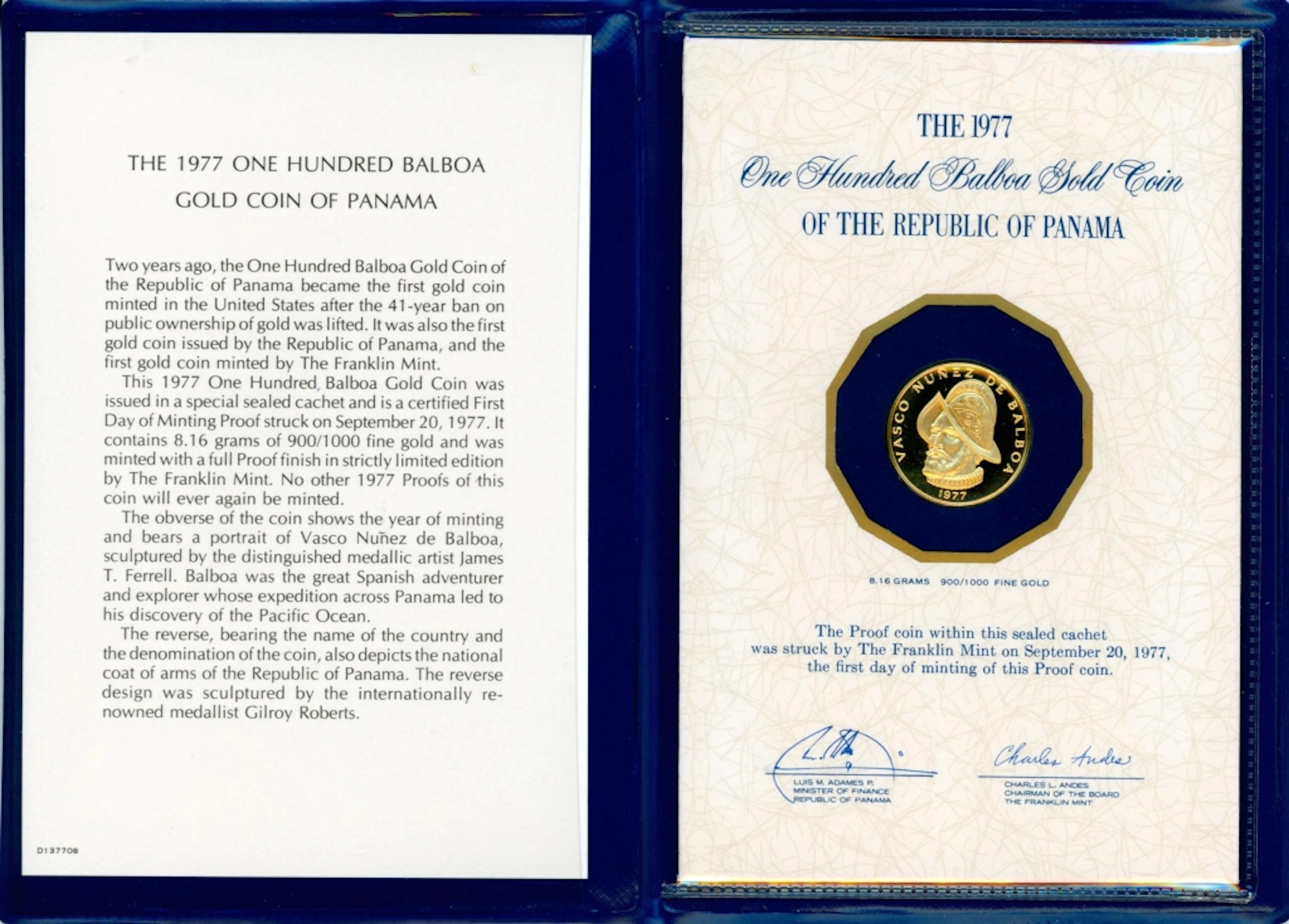 1977 Jordan 100 Balboa Gold Proof Coin - Franklin Mint