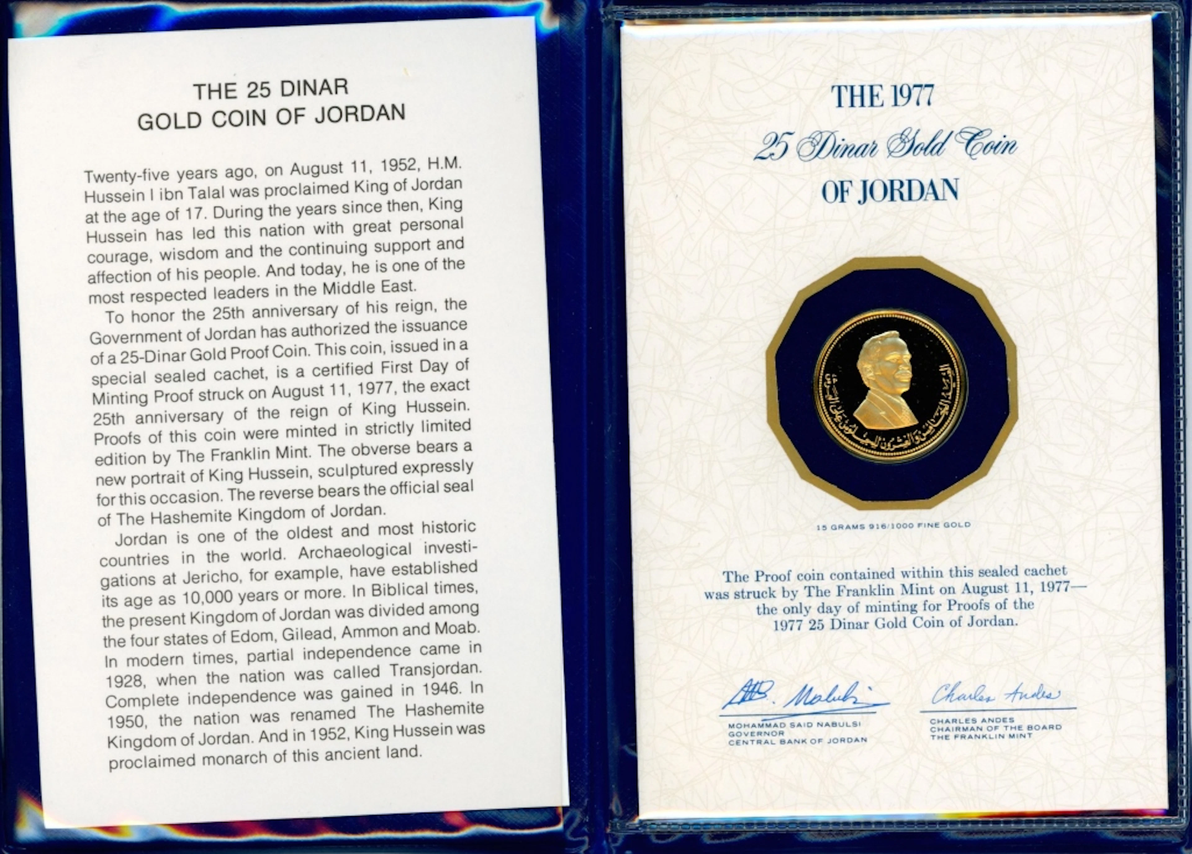 1977 Jordan 25 Dinar Gold Proof Coin - Franklin Mint