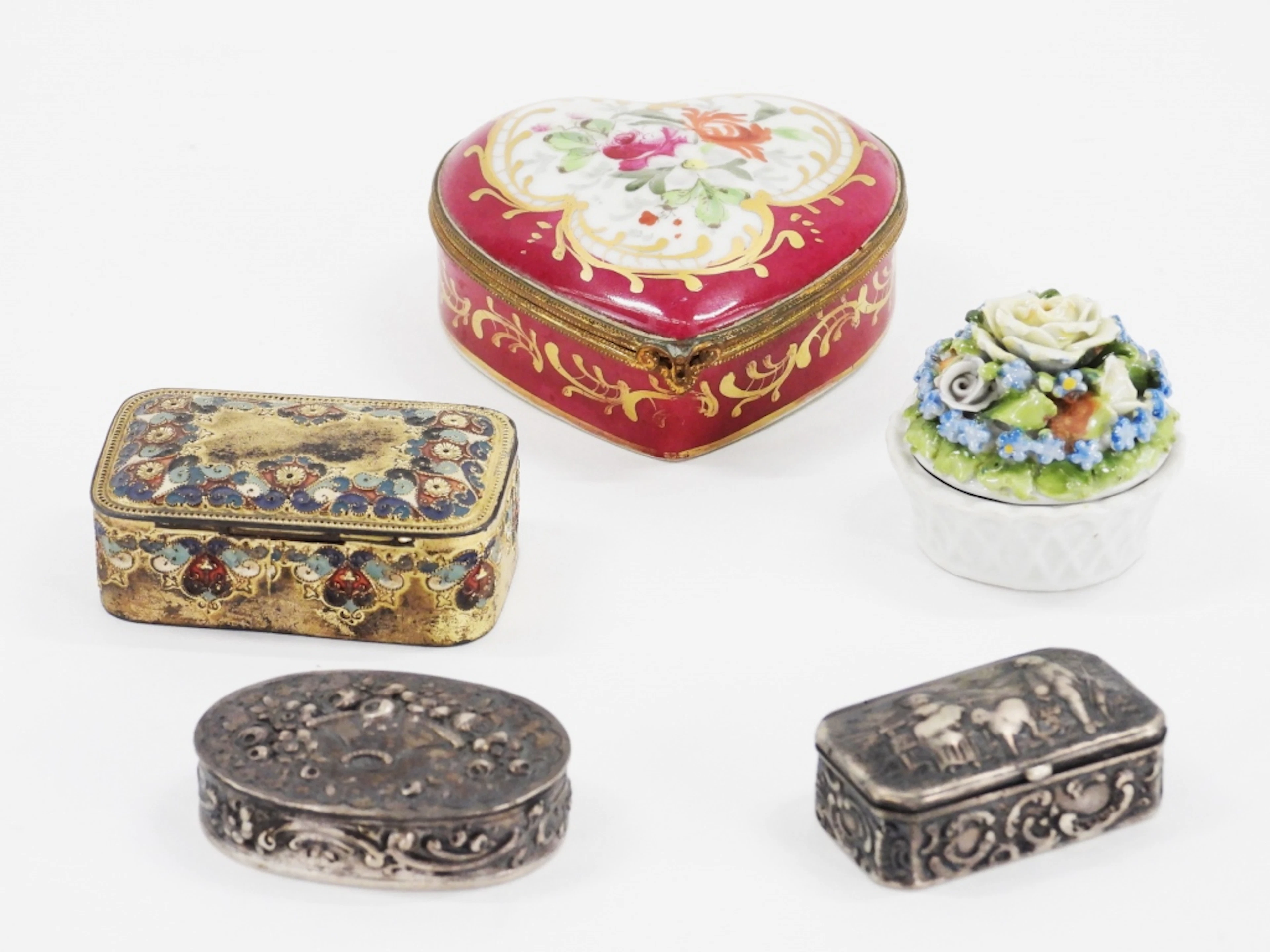 5PC Porcelain & Coin Silver Pill Boxes