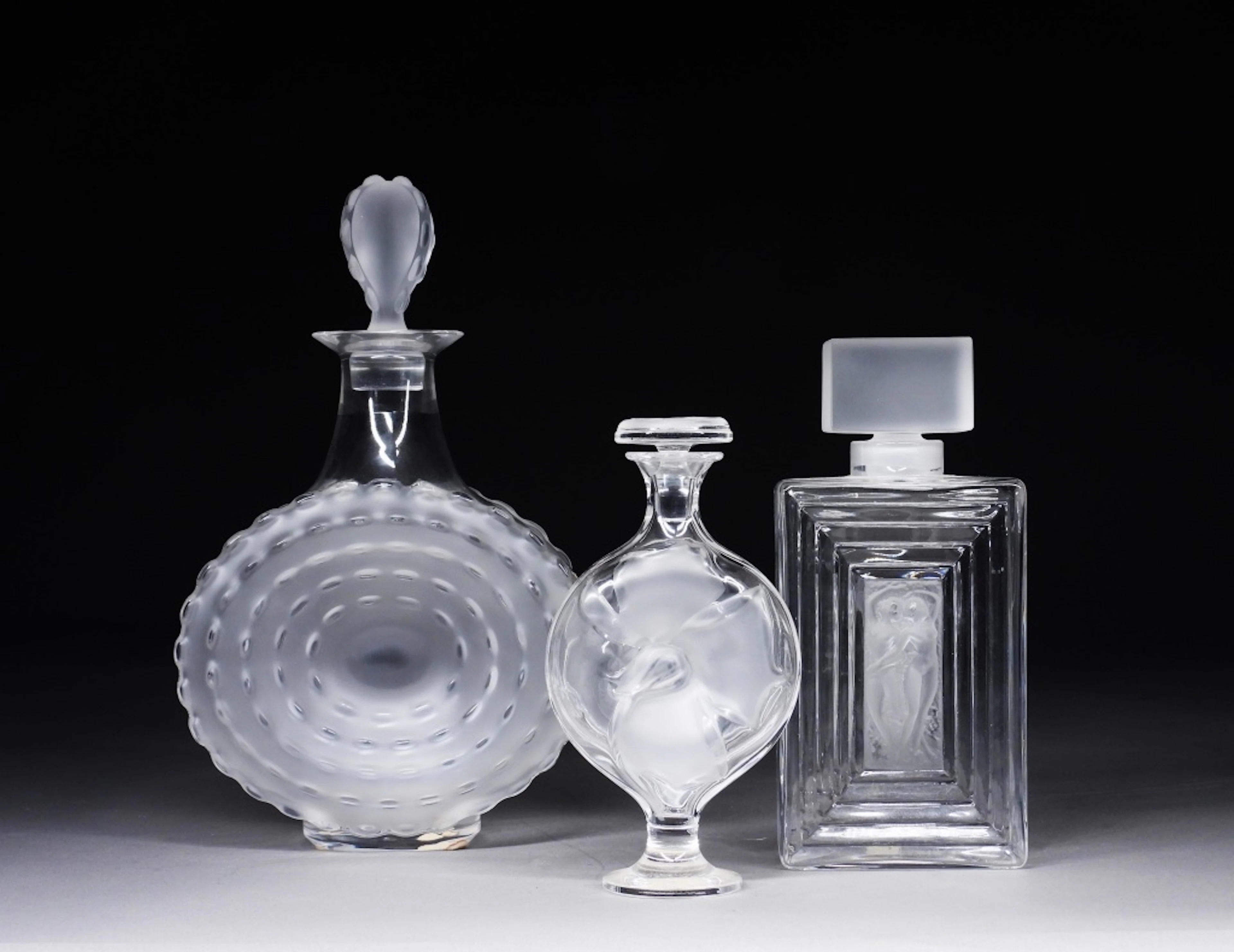 3PC Lalique Perfume Bottles & Decanter