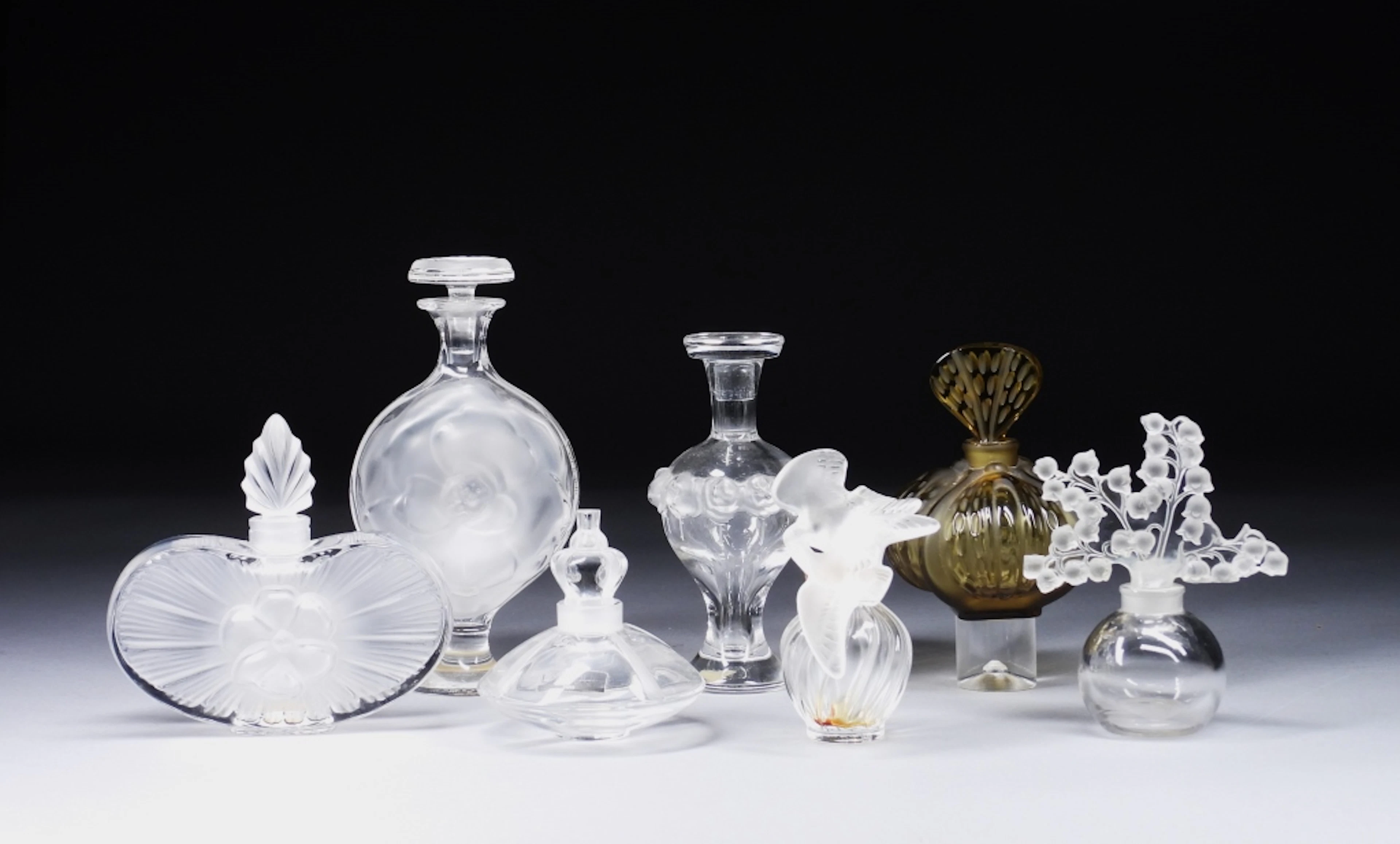 7PC Lalique Frosted Glass Perfume Bottles