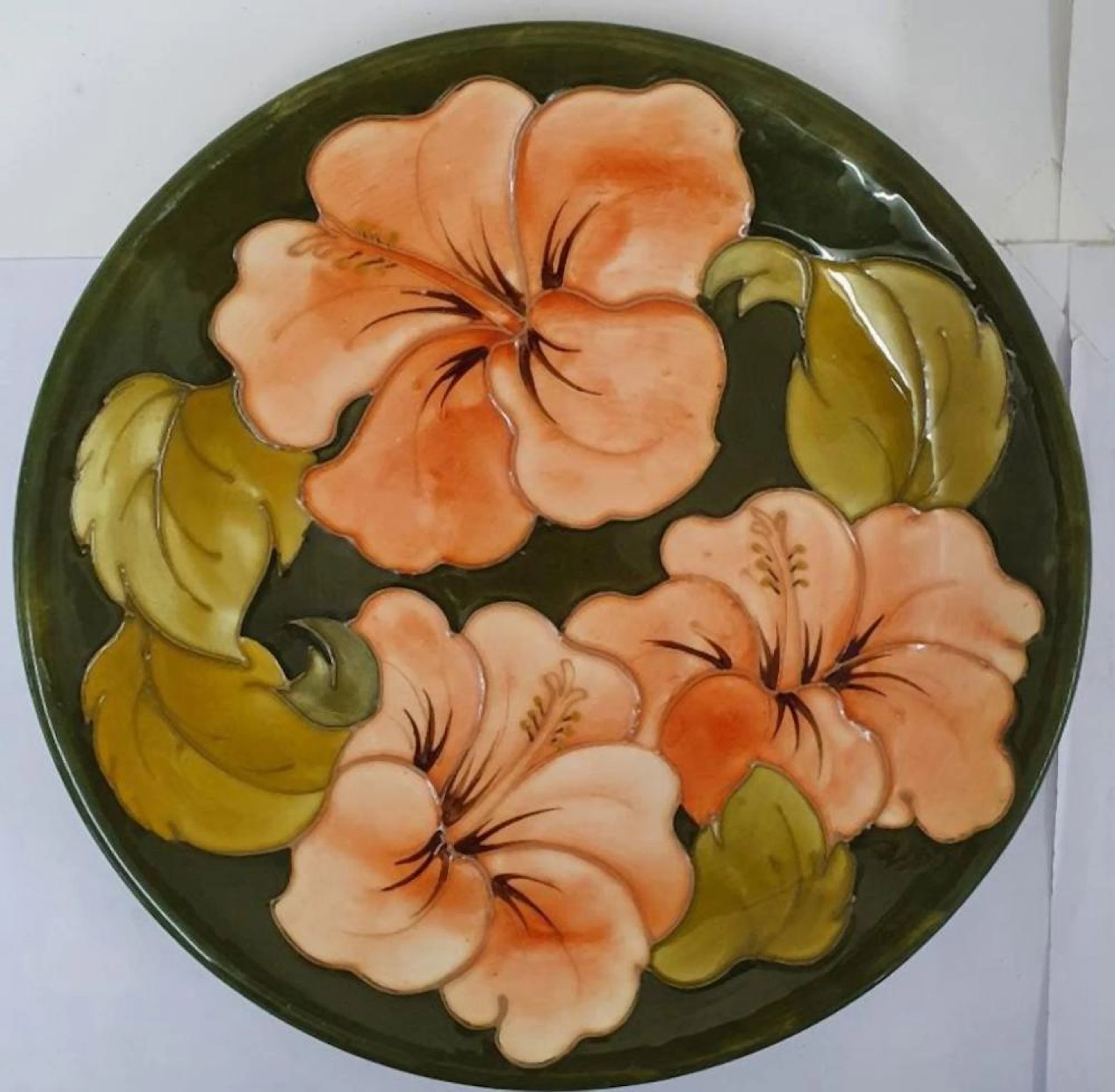 Vintage 1950's William Moorcroft Olive Green Cabinet Plate "Coral Hibiscus"