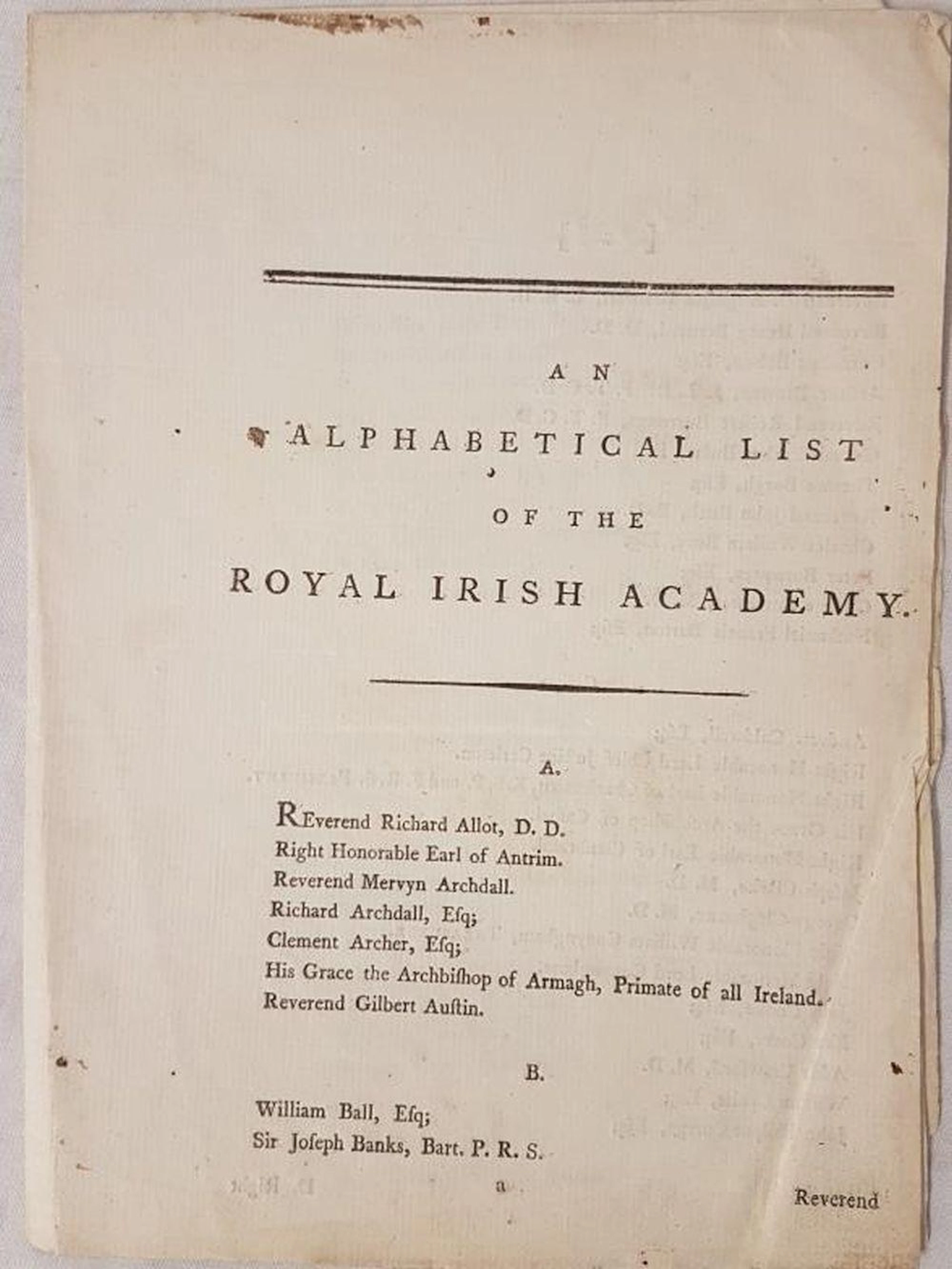 [Royal Irish Academy] An Alphabetical List of the Royal Irish Academy. 8pp,