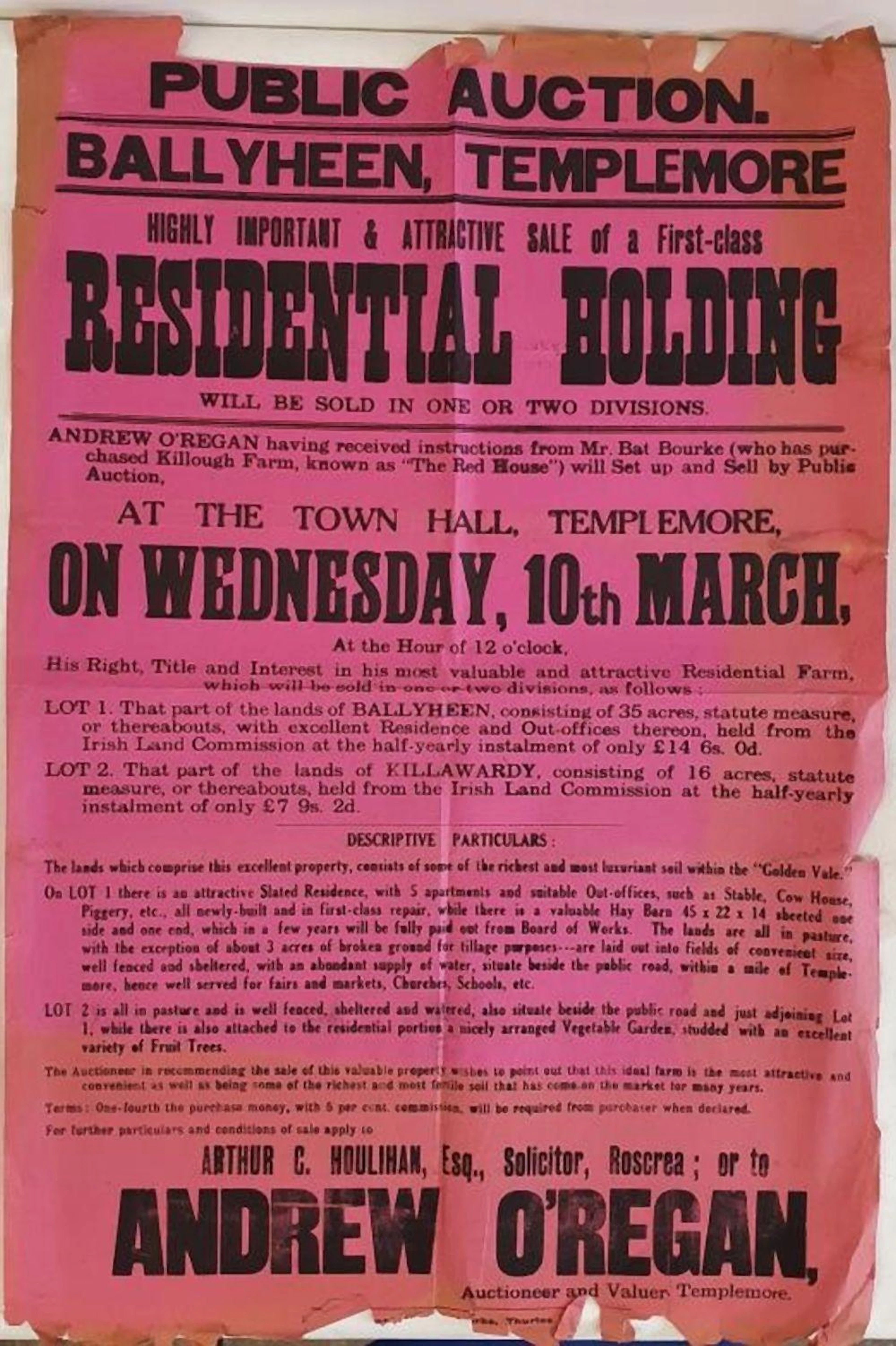 Superb 1930/40 auction poster 51 x 78 cms. ? black on red paper; Ballyhee