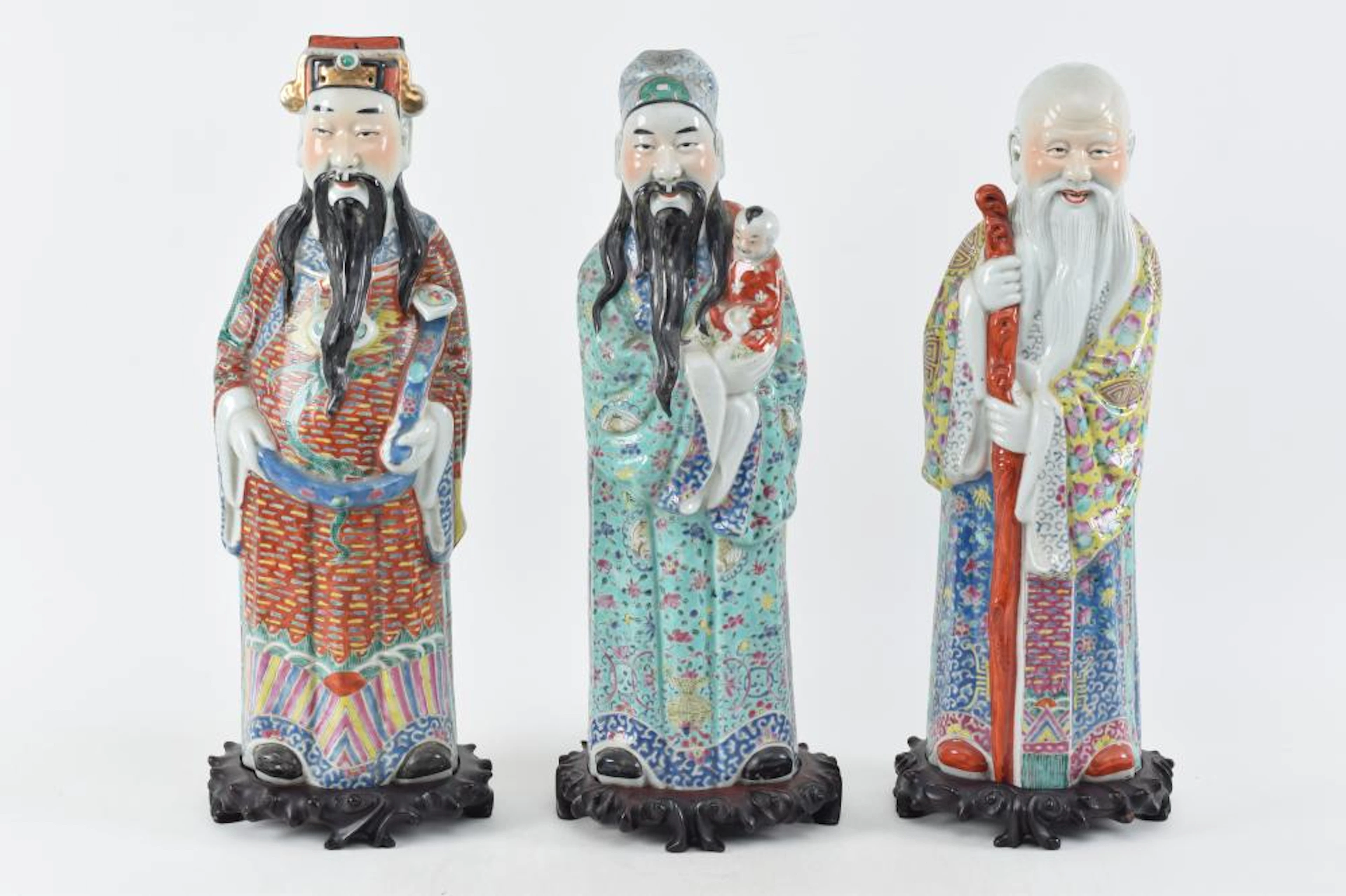 3 porcelain figures of the gods of wealth