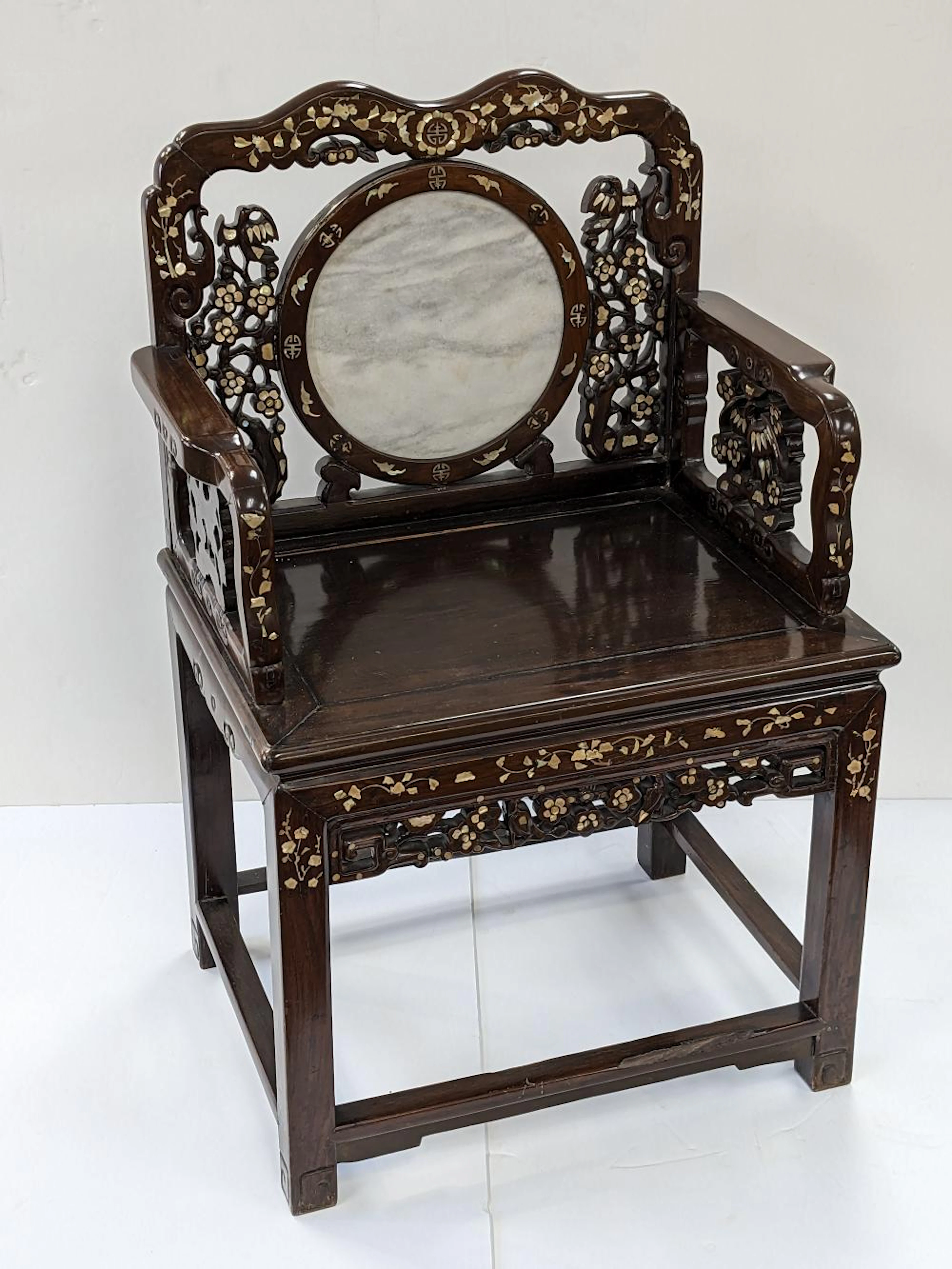Chinese mother of pearl and marble inlaid hardwood chair.