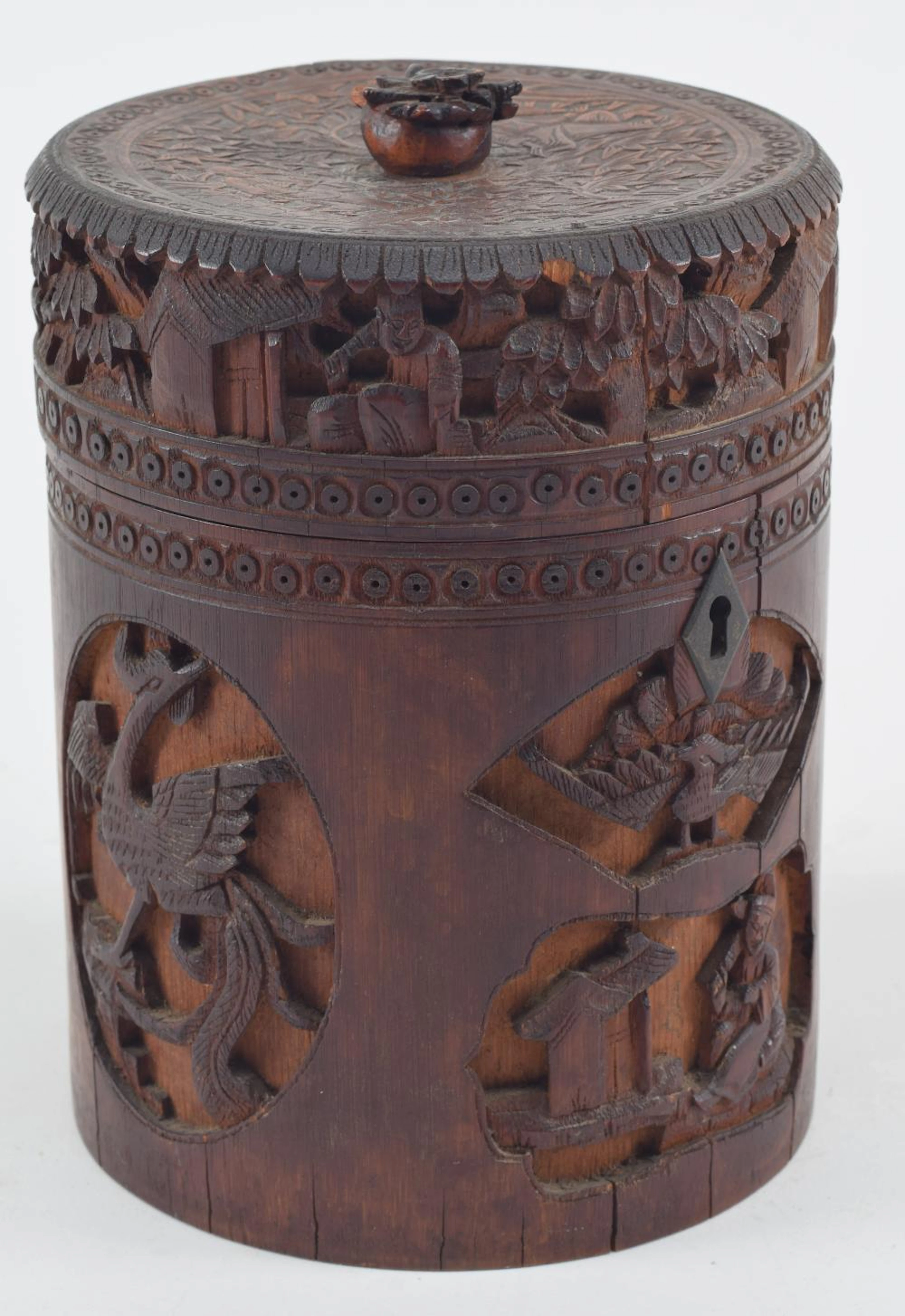 19th century Chinese export carved bamboo tea caddy with original pewter liner