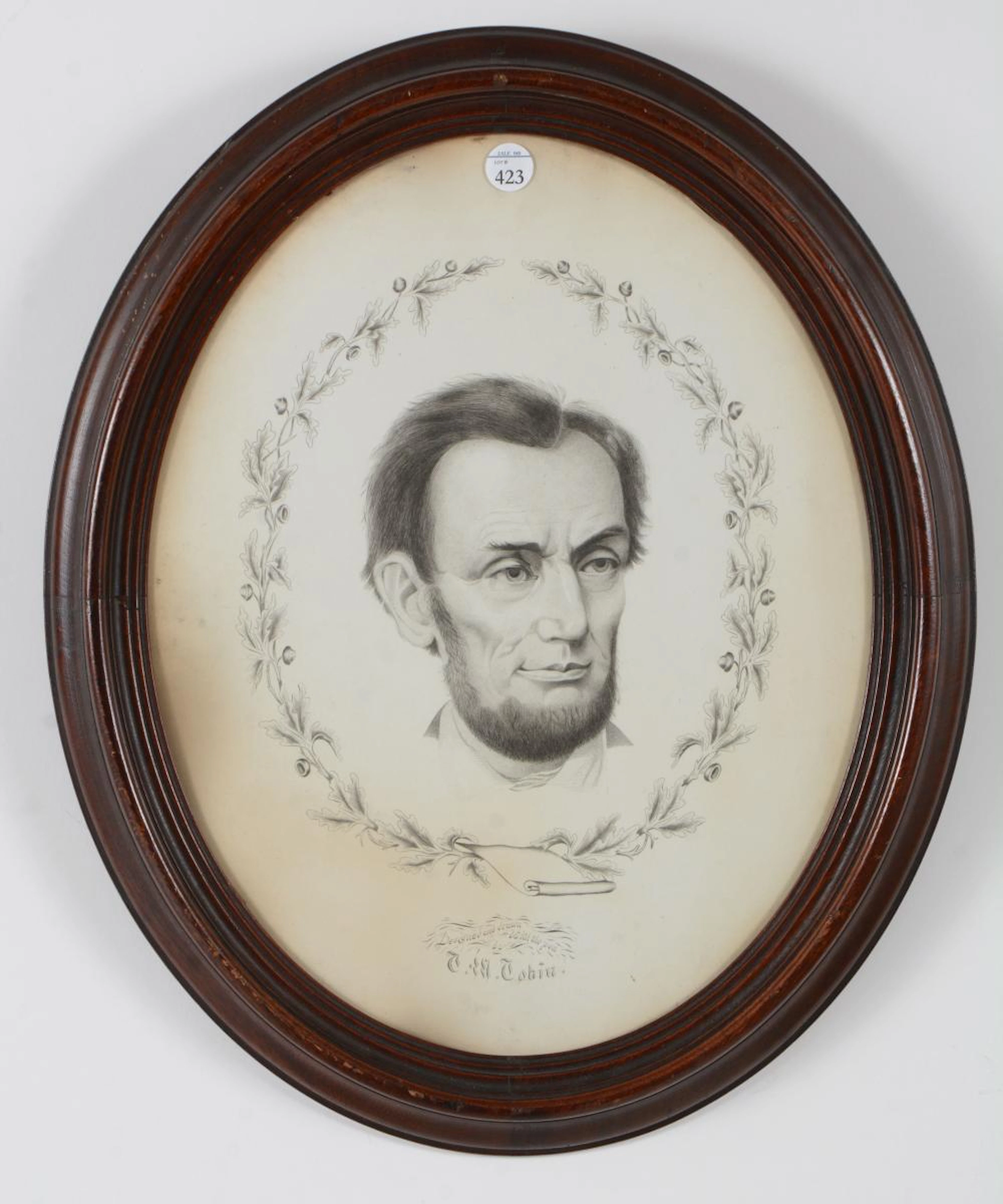 1868 fine pen drawn portrait of Abraham Lincoln with oak leaf and acorn border