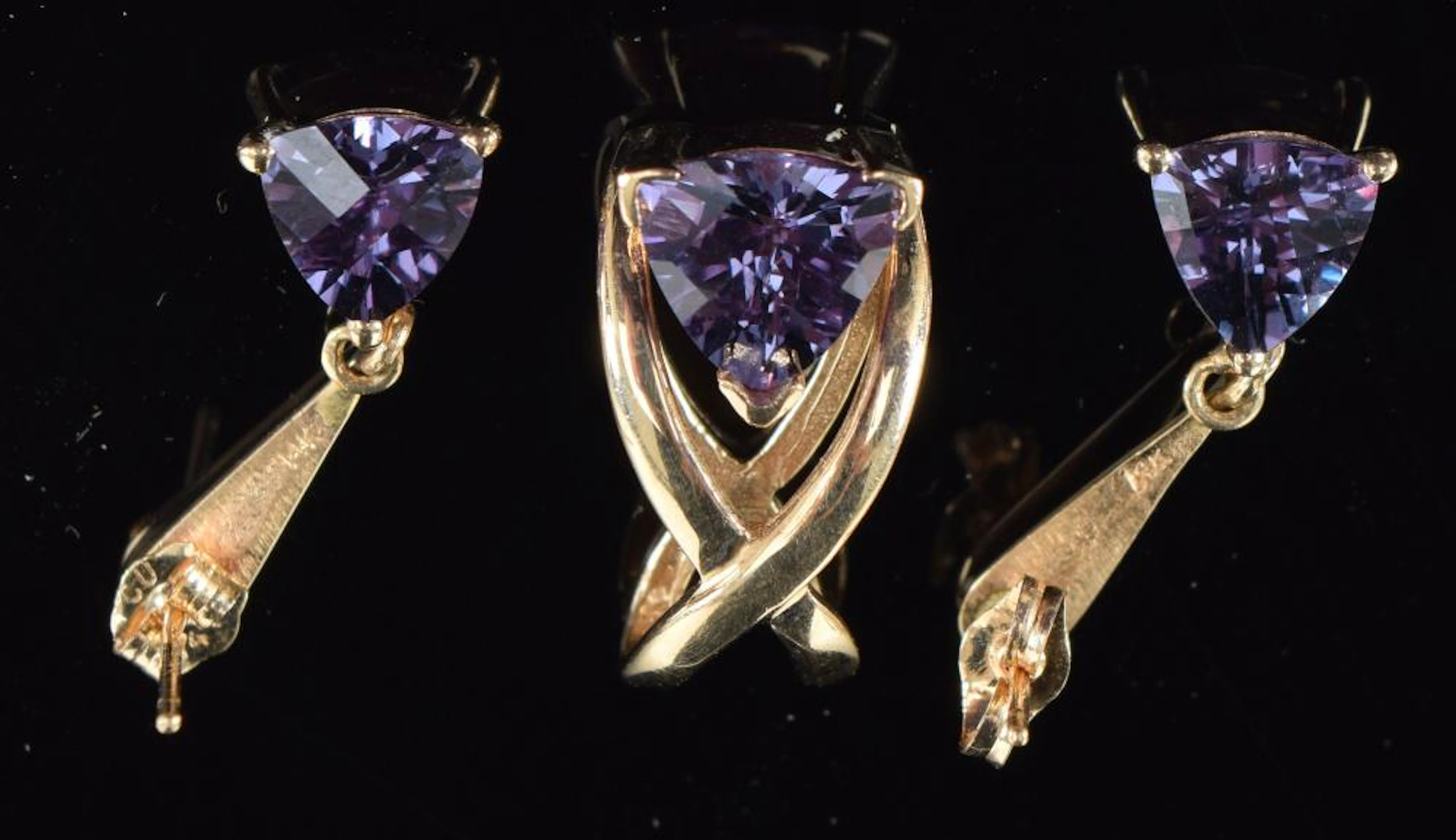 14K gold 3-piece alexandrite pendant and drop earrings set