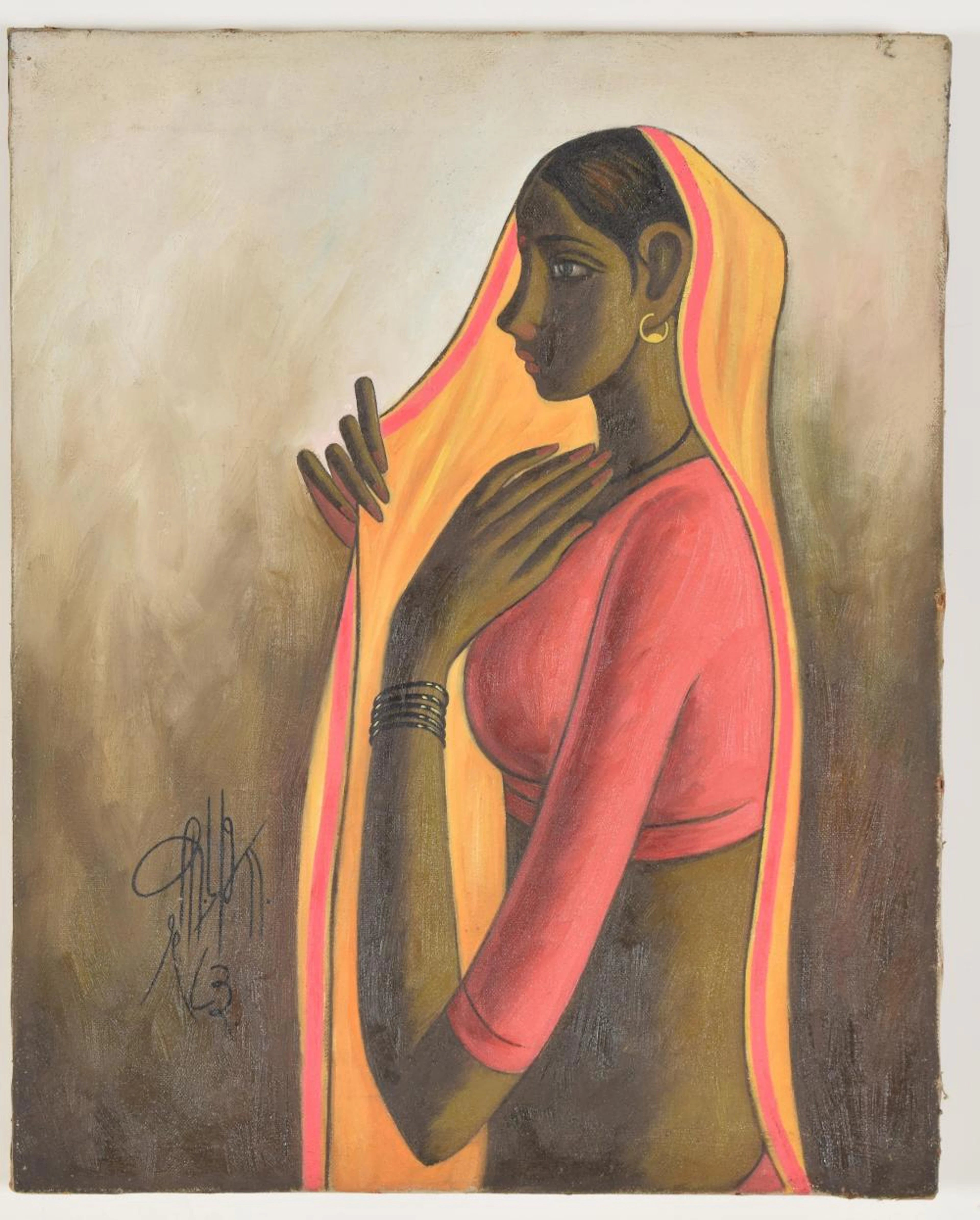 B. Prabha. Indian. Portrait of tribal Indian woman. Oil