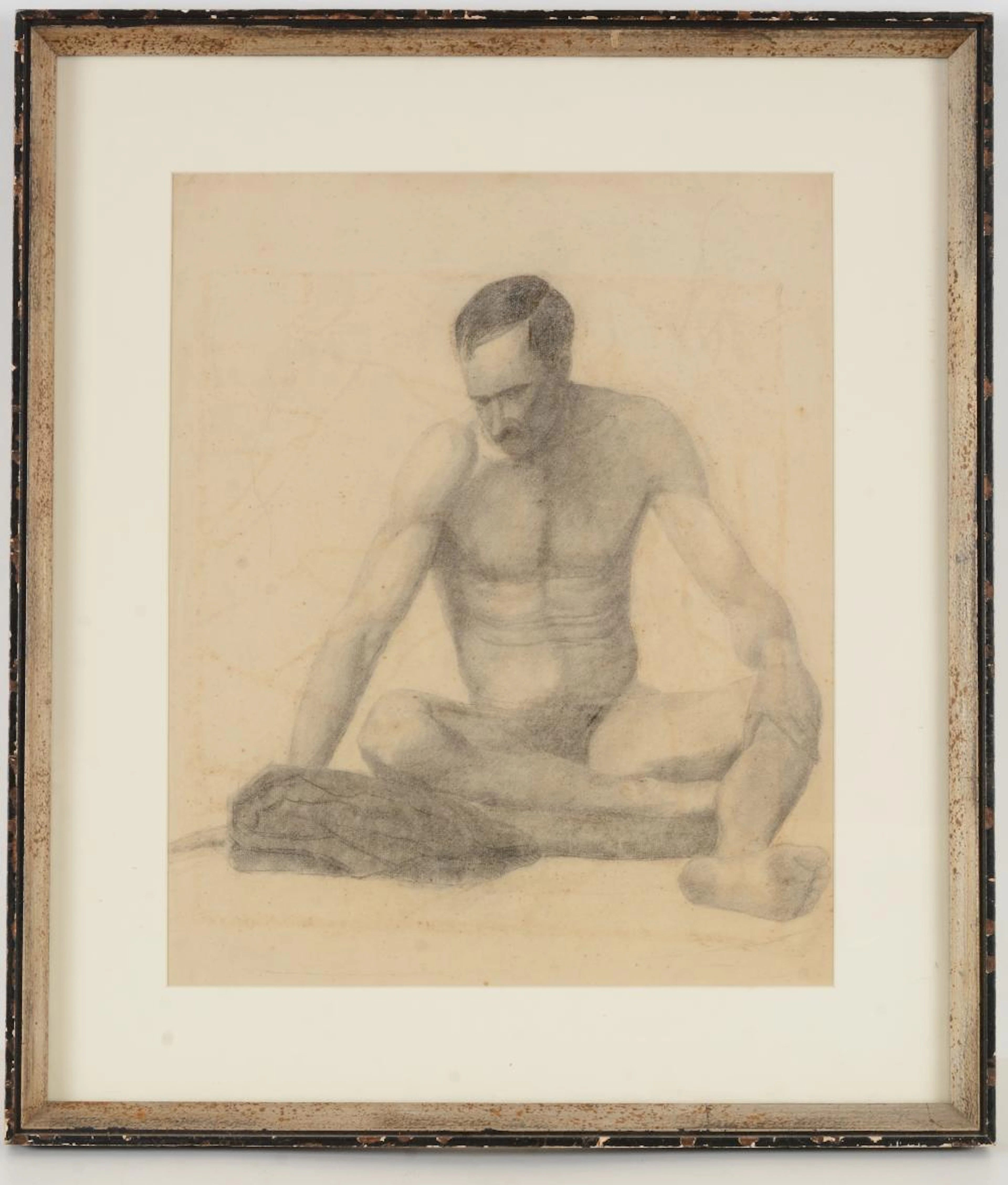 19th/20th century charcoal drawing of a seated nude male