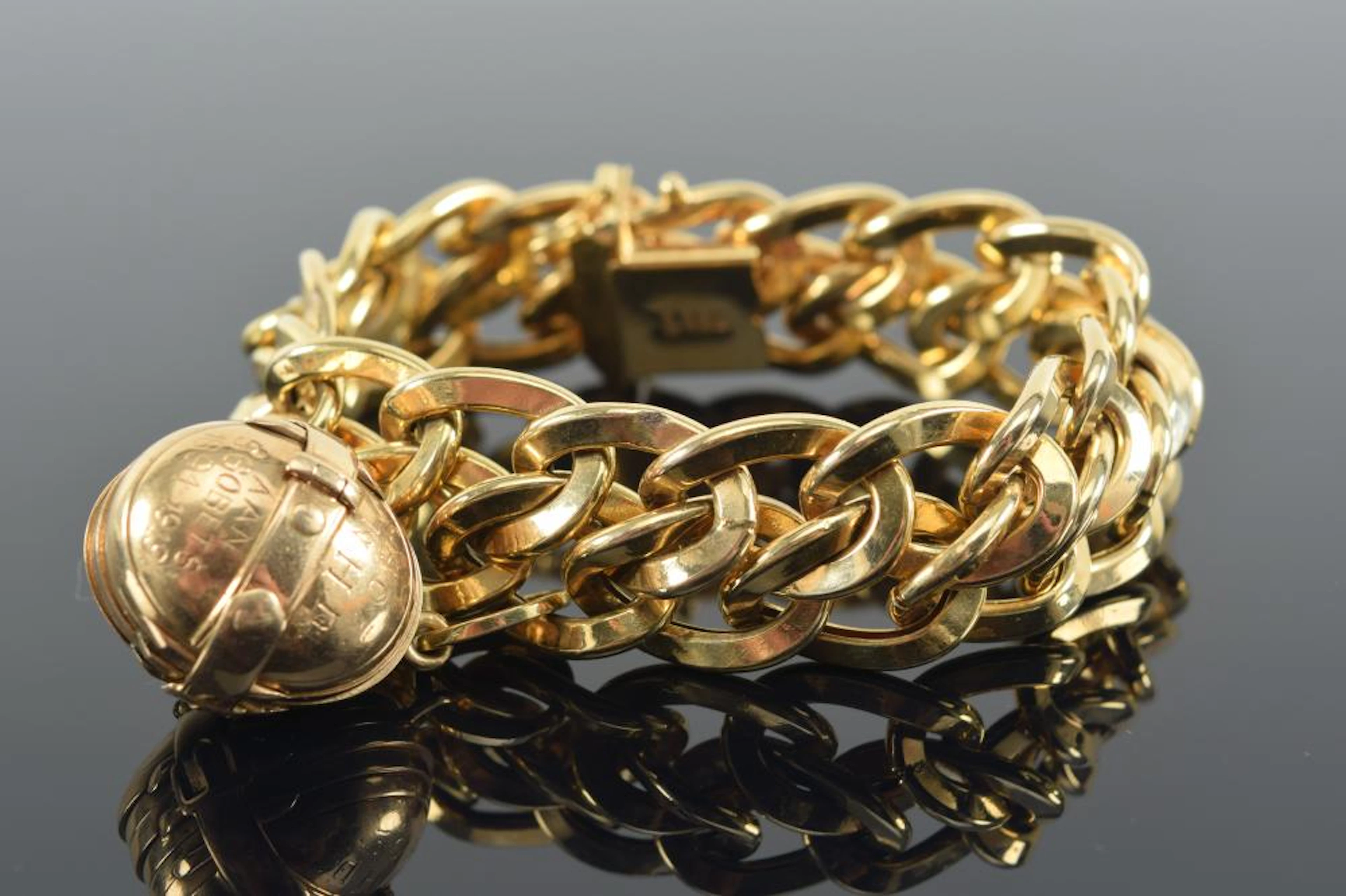 14K gold large fancy chain link bracelet with antique photo charm