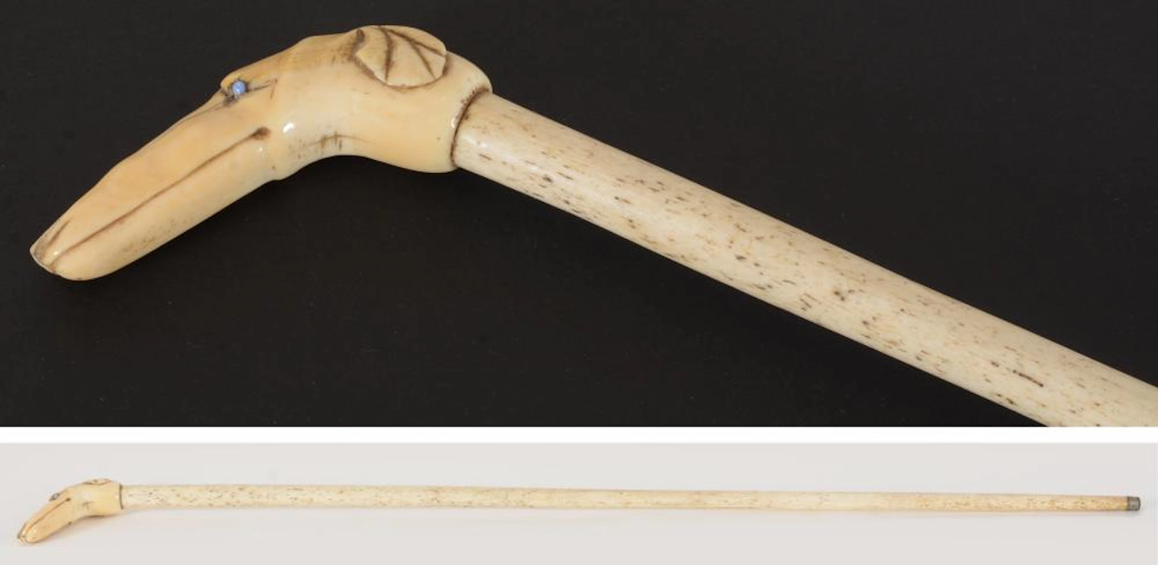 Sailor made carved bone dog head form walking stick