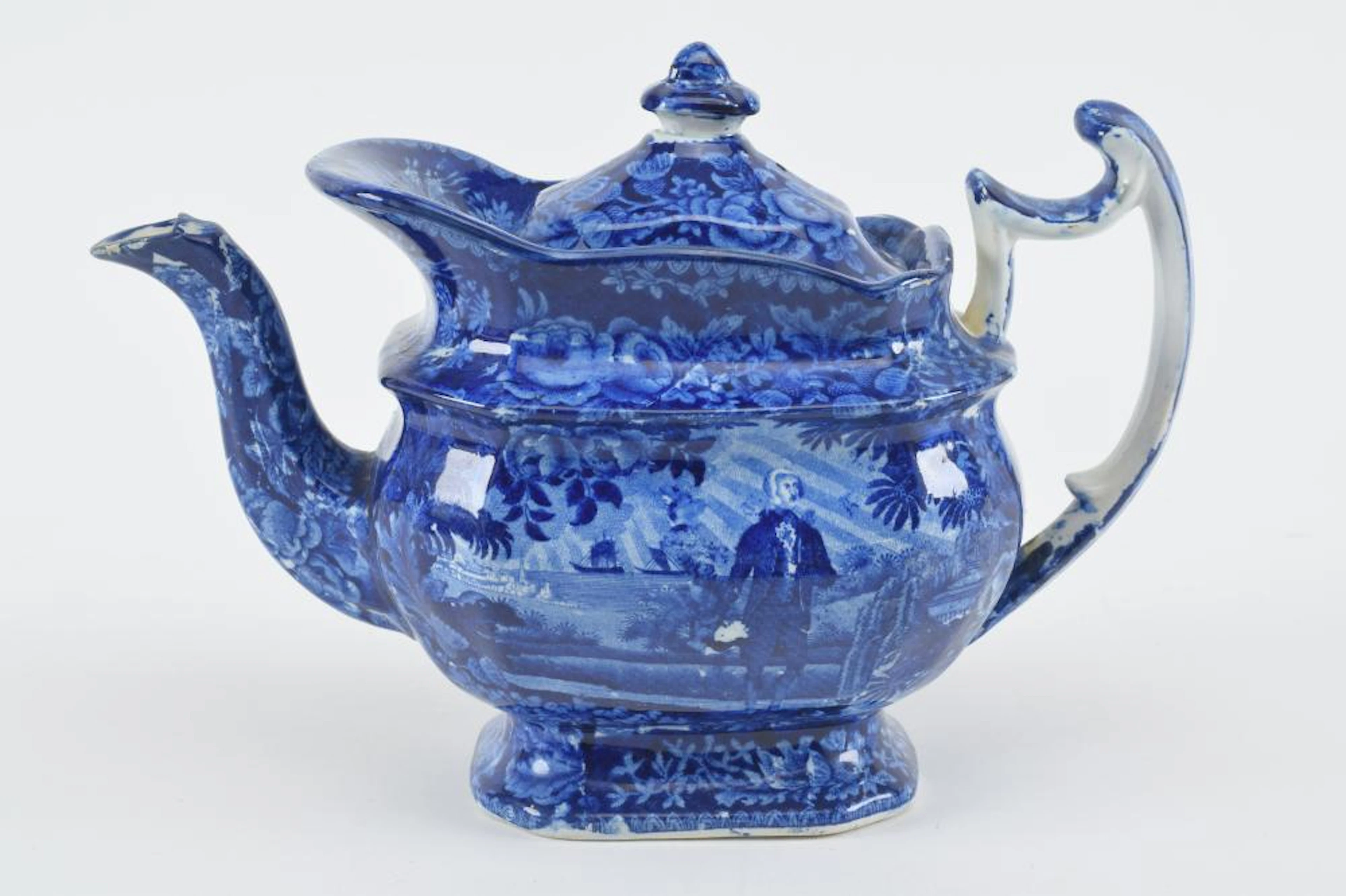Enoch Wood Staffordshire blue transfer decorated teapot...