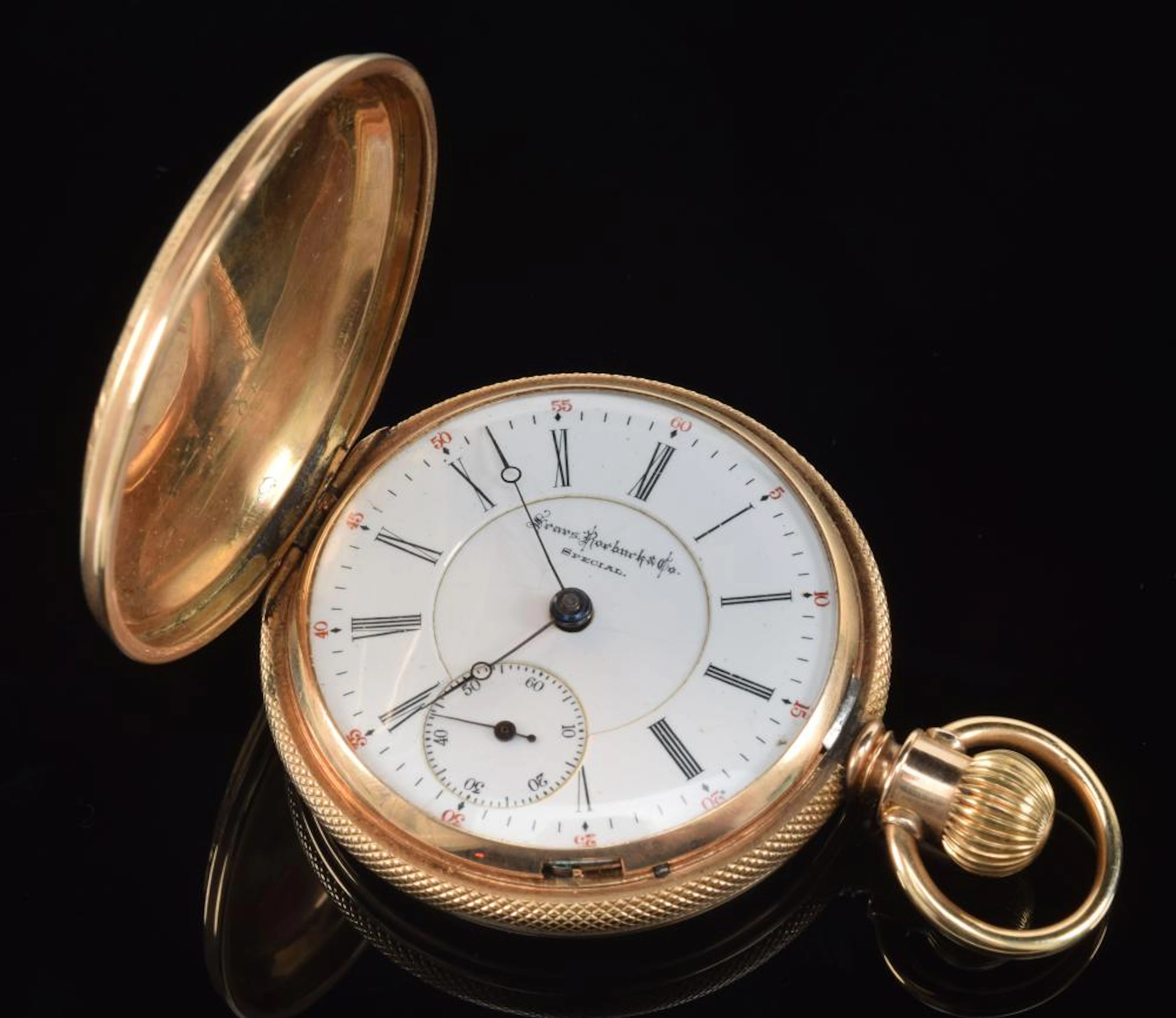14K Gold men's hunting case pocket watch, elaborate