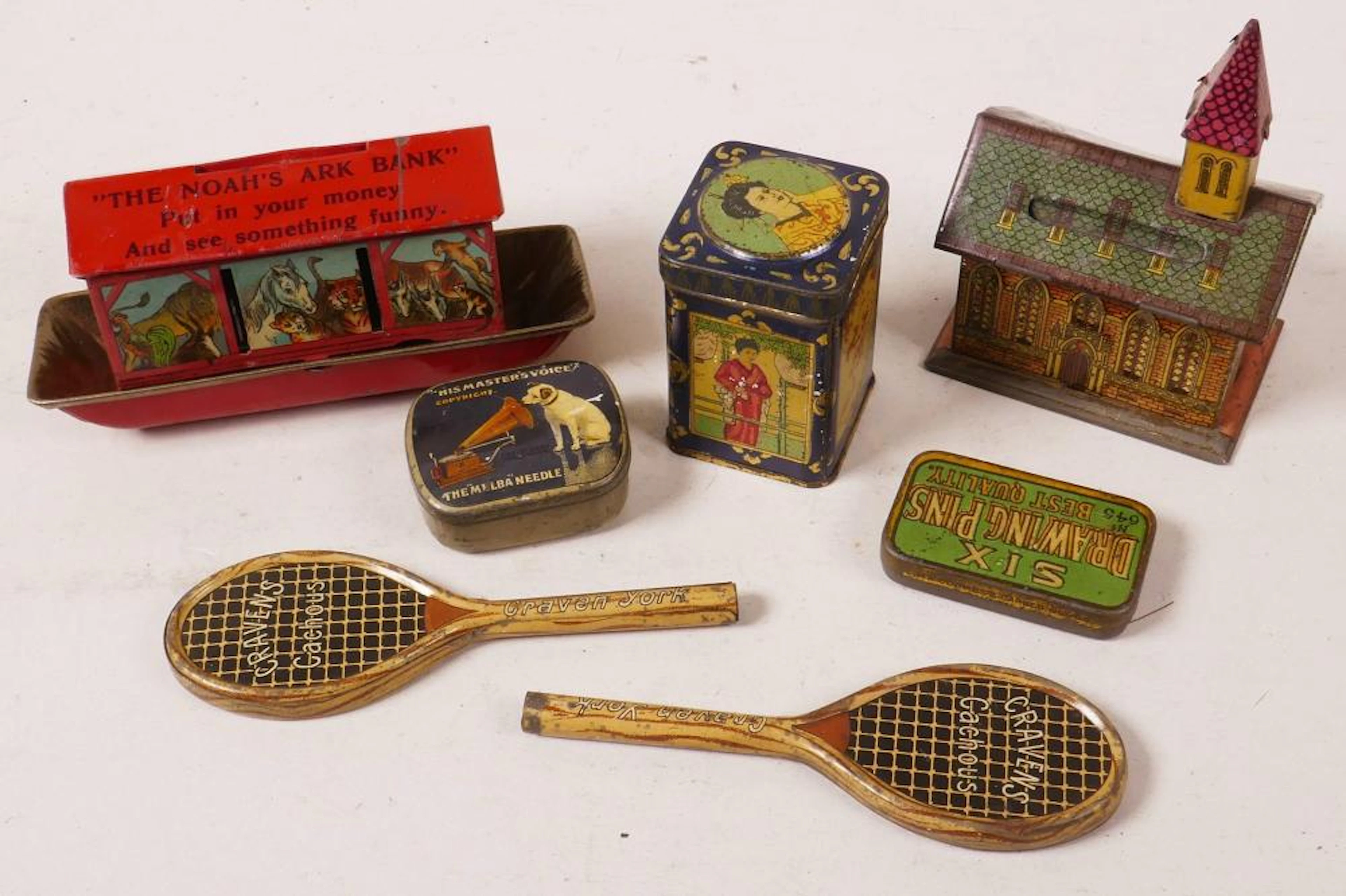 A MINIATURE TIN PLATE NOAH'S ARK NOVELTY MONEY BOX