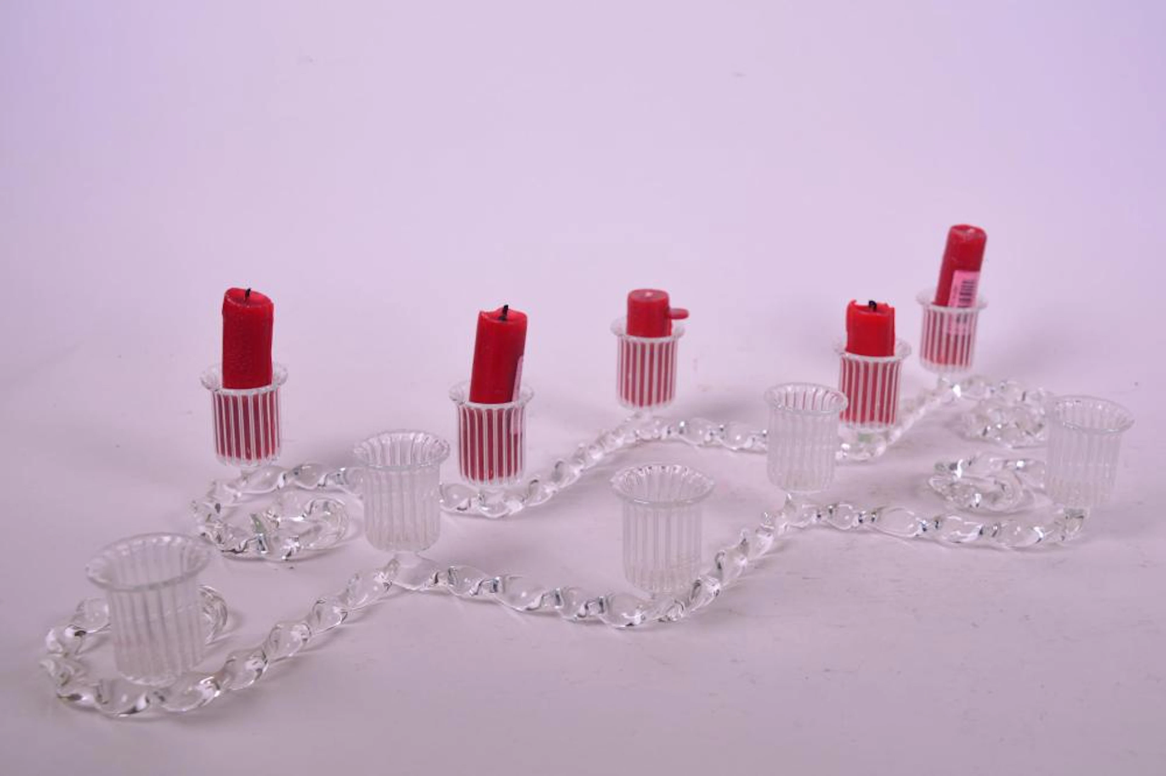 A pair of contemporary French glass five light candelabra, 18" long