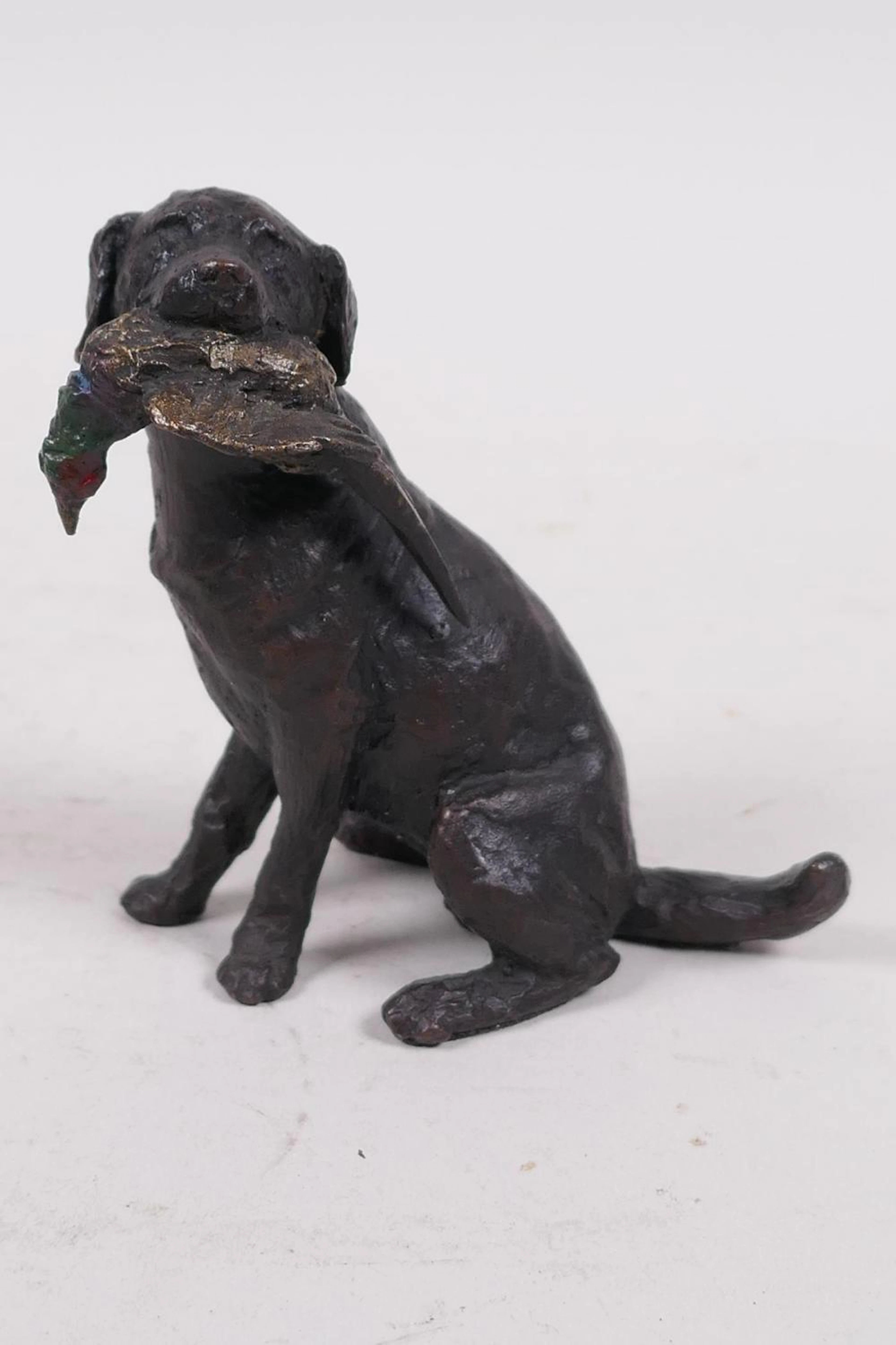 A cold painted bronze figure of a labrador gun dog with pheasant in its mouth