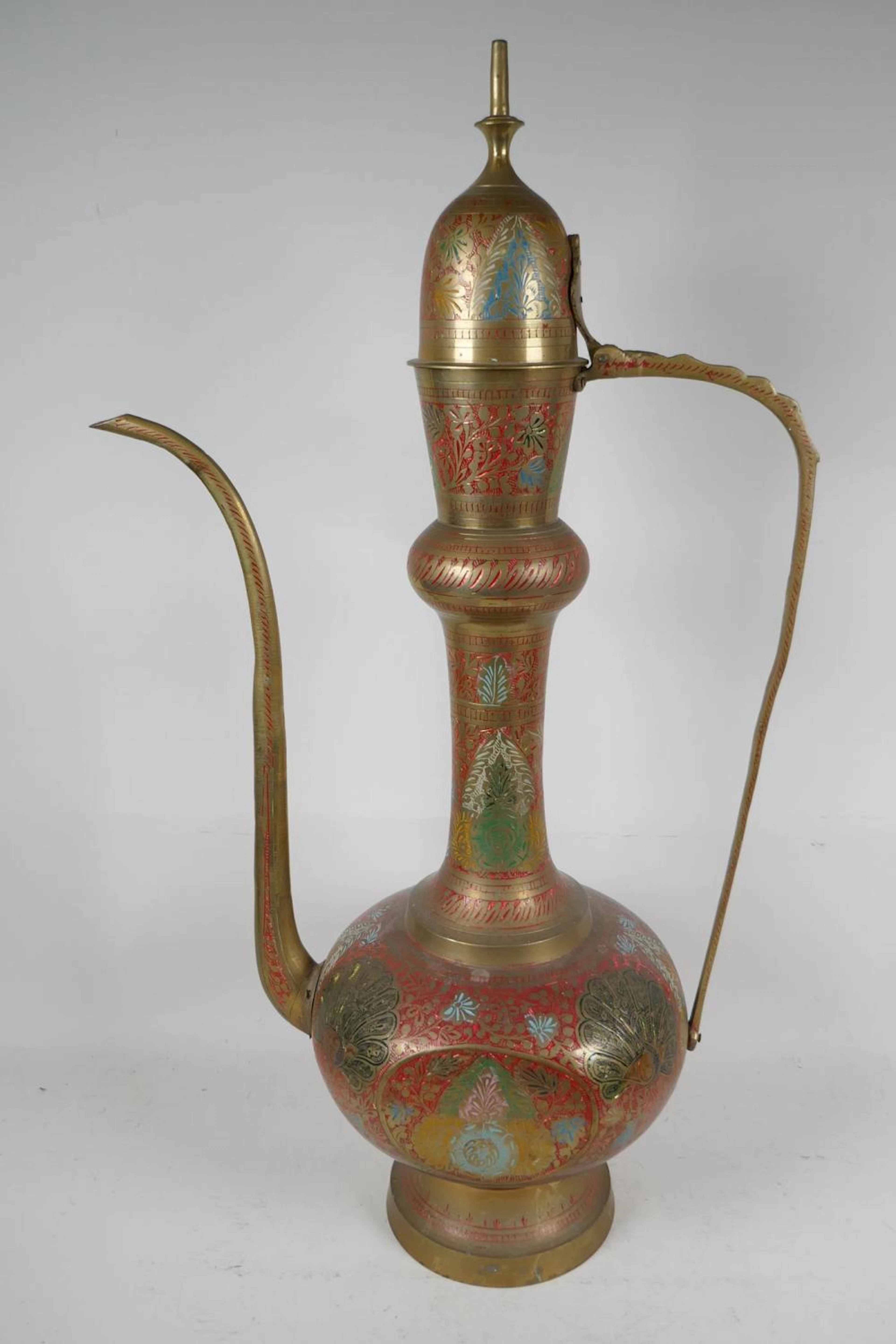 A Benares Ware coffee pot engraved with peacocks and flowers