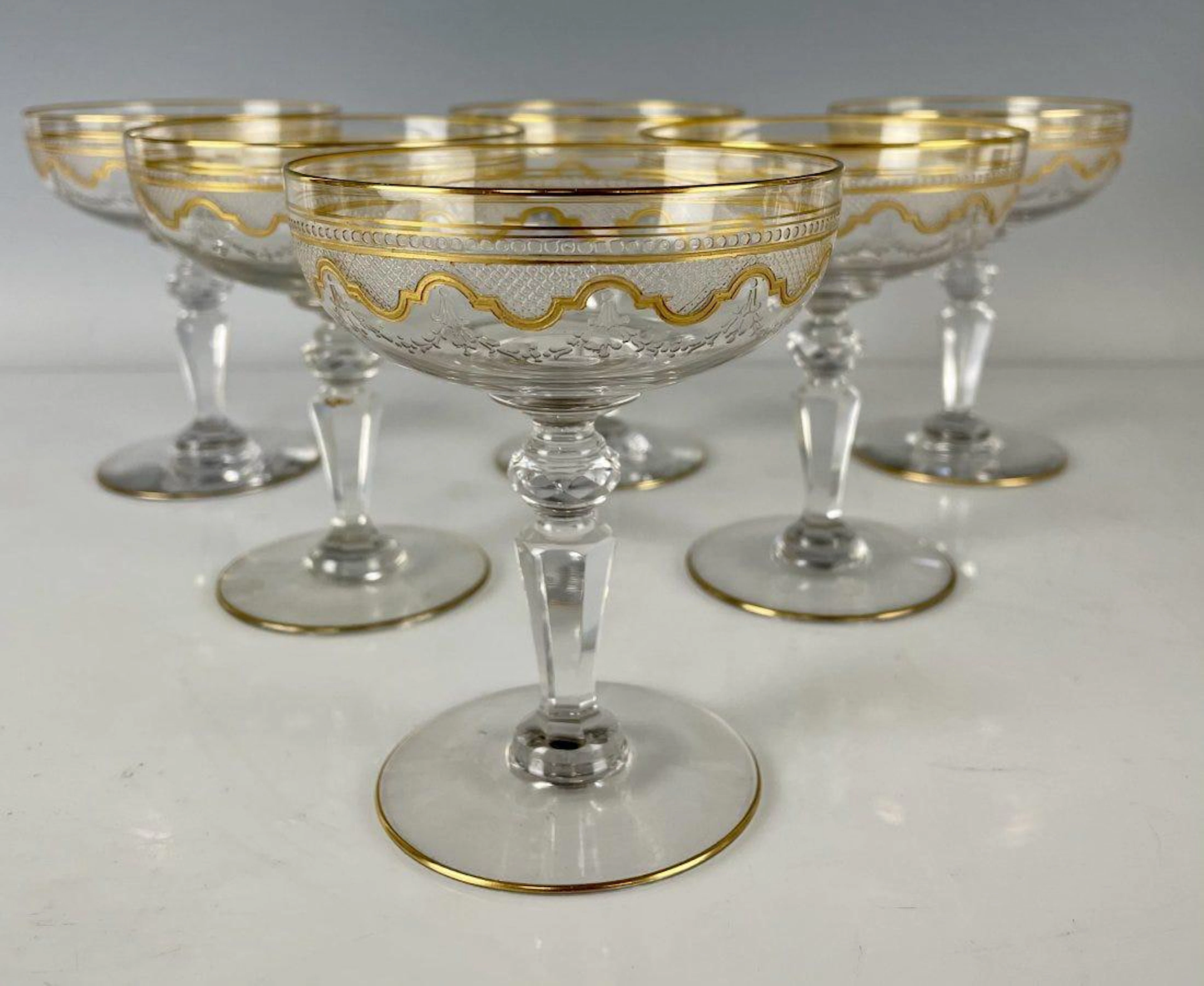 SET OF 6 MOSER ETCHED AND GILT CHAMPAGNE GLASSES