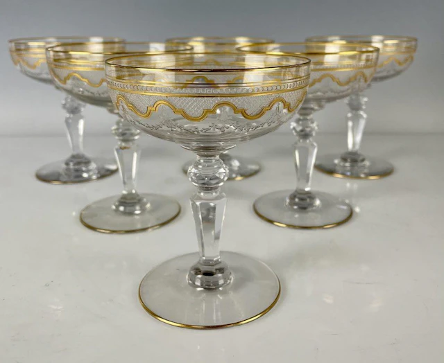 SET OF 6 MOSER ETCHED AND GILT CHAMPAGNE GLASSES
