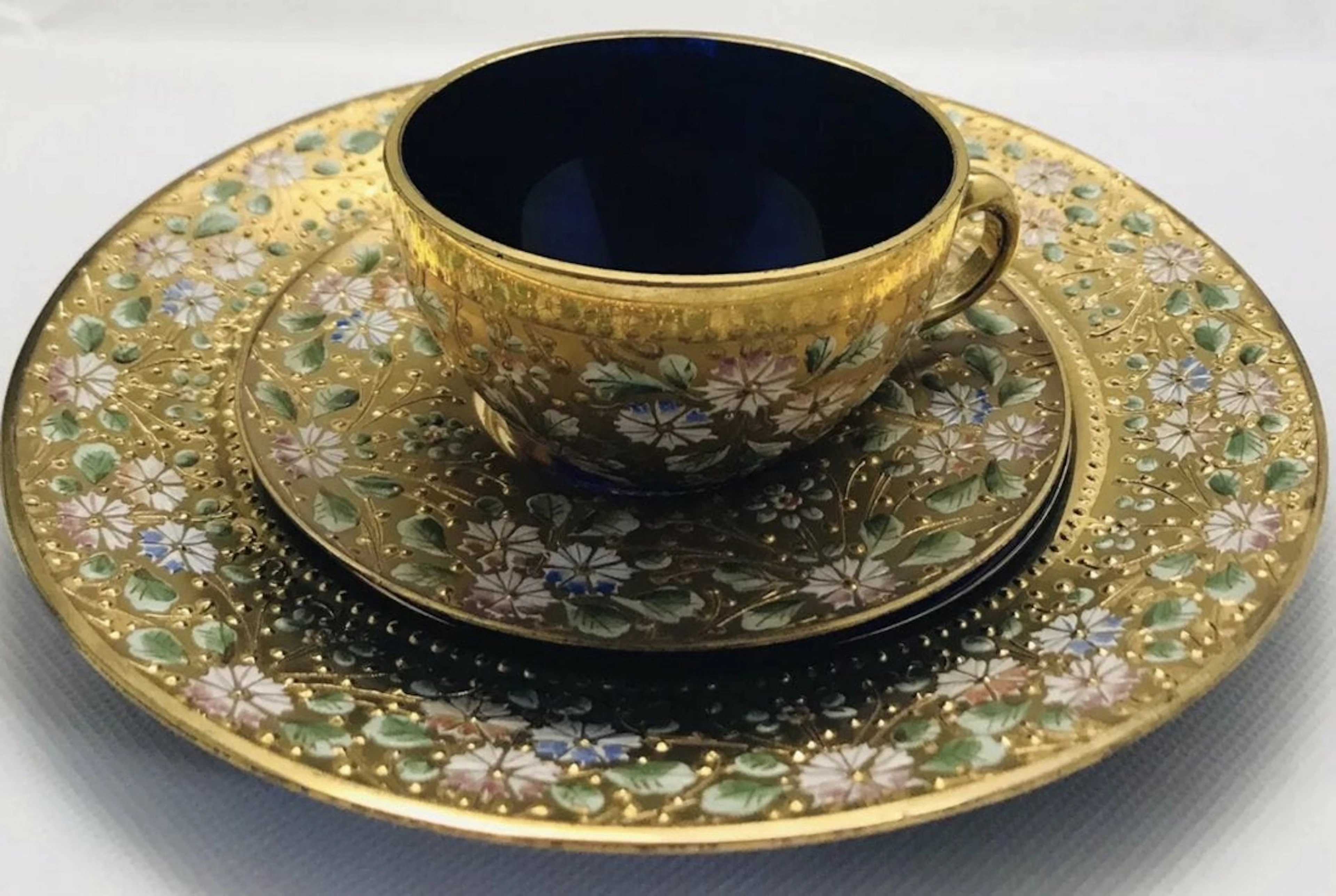 VERY FINE ENAMELED MOSER GLASS TRIO