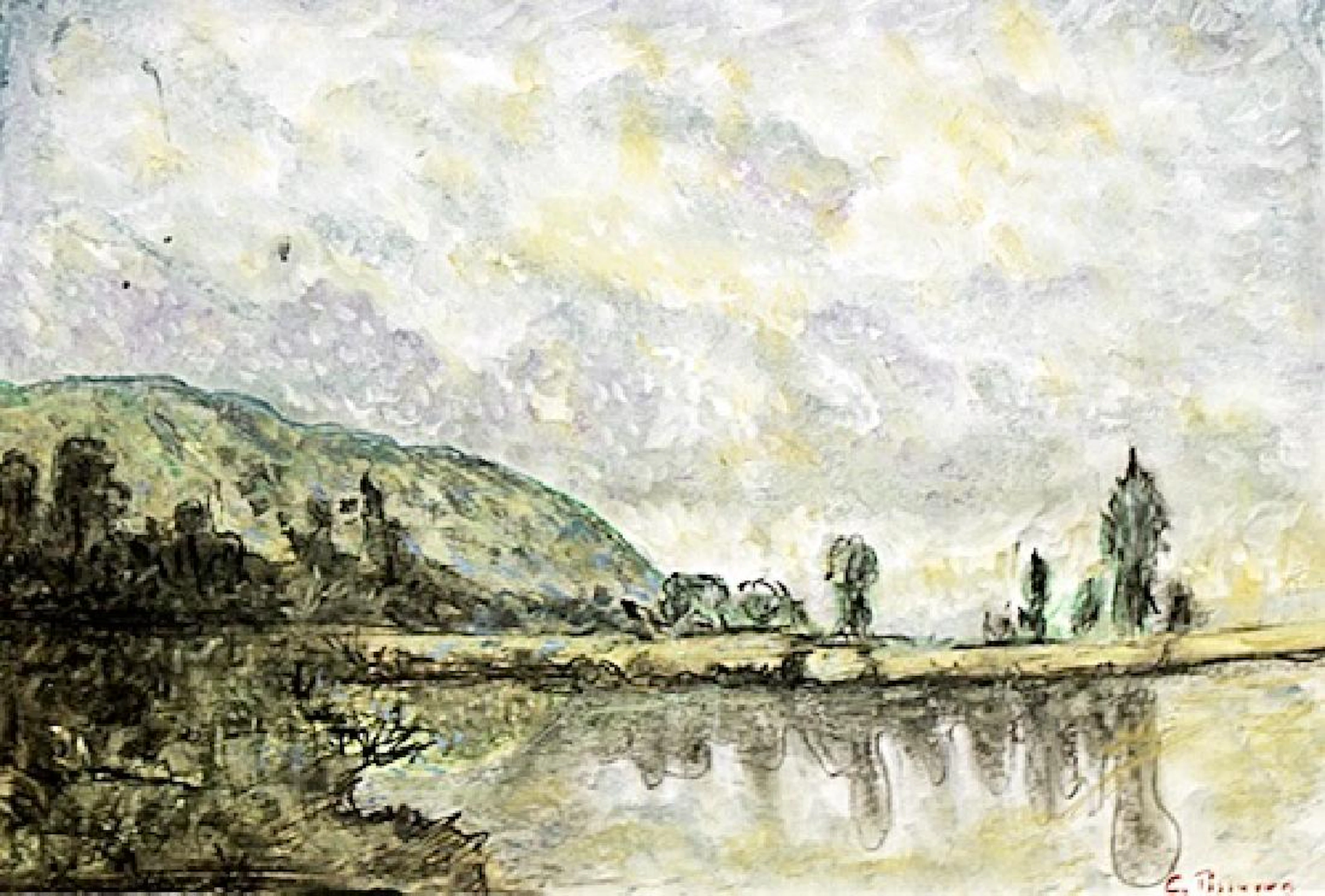 The Marne At Chenneviere - Camille Pissaro - Pastel On
