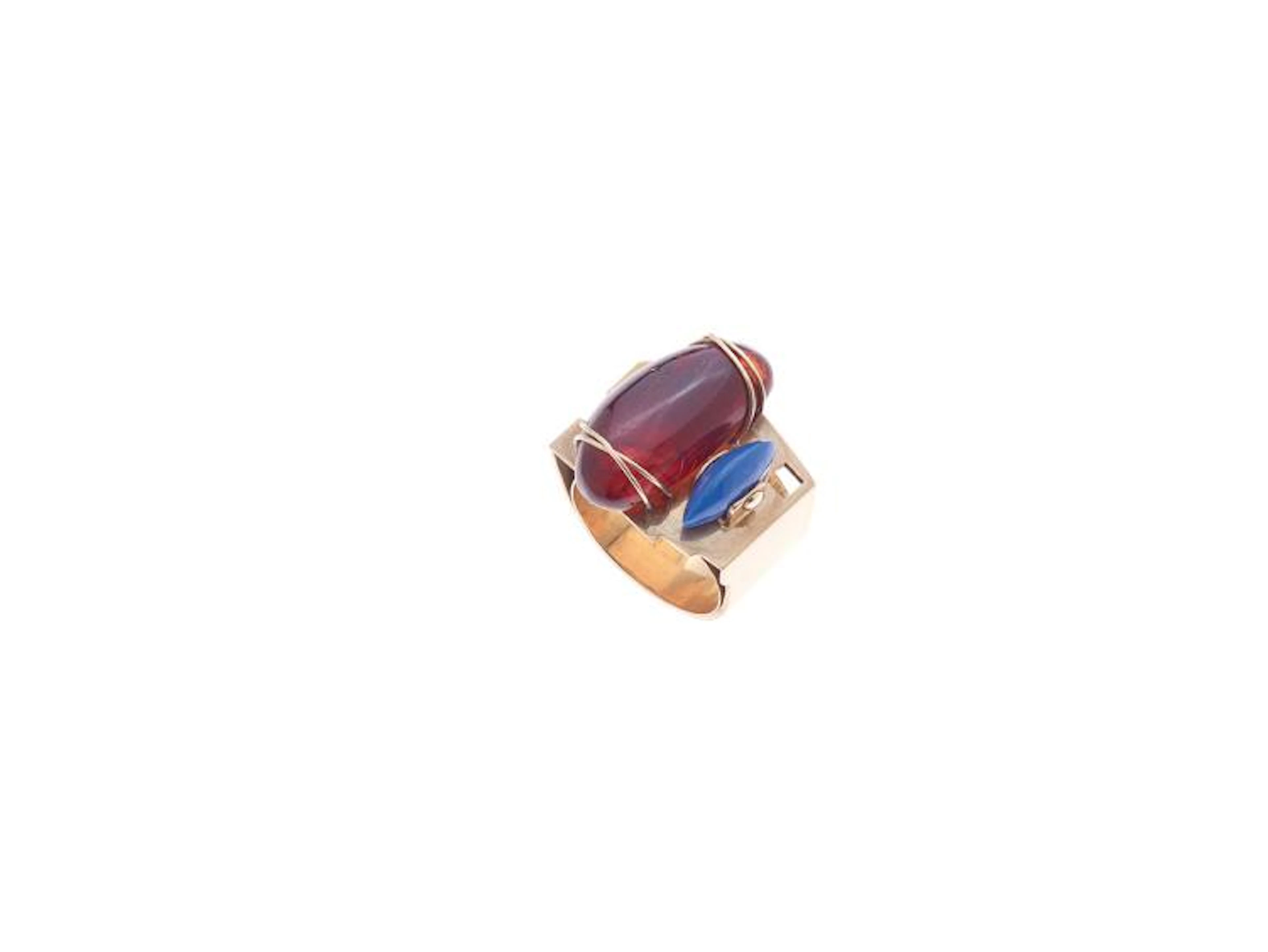 Yellow Gold 18K Ring With Amber And Lapislazuli, Signed J.Rivi\'Bbre '90