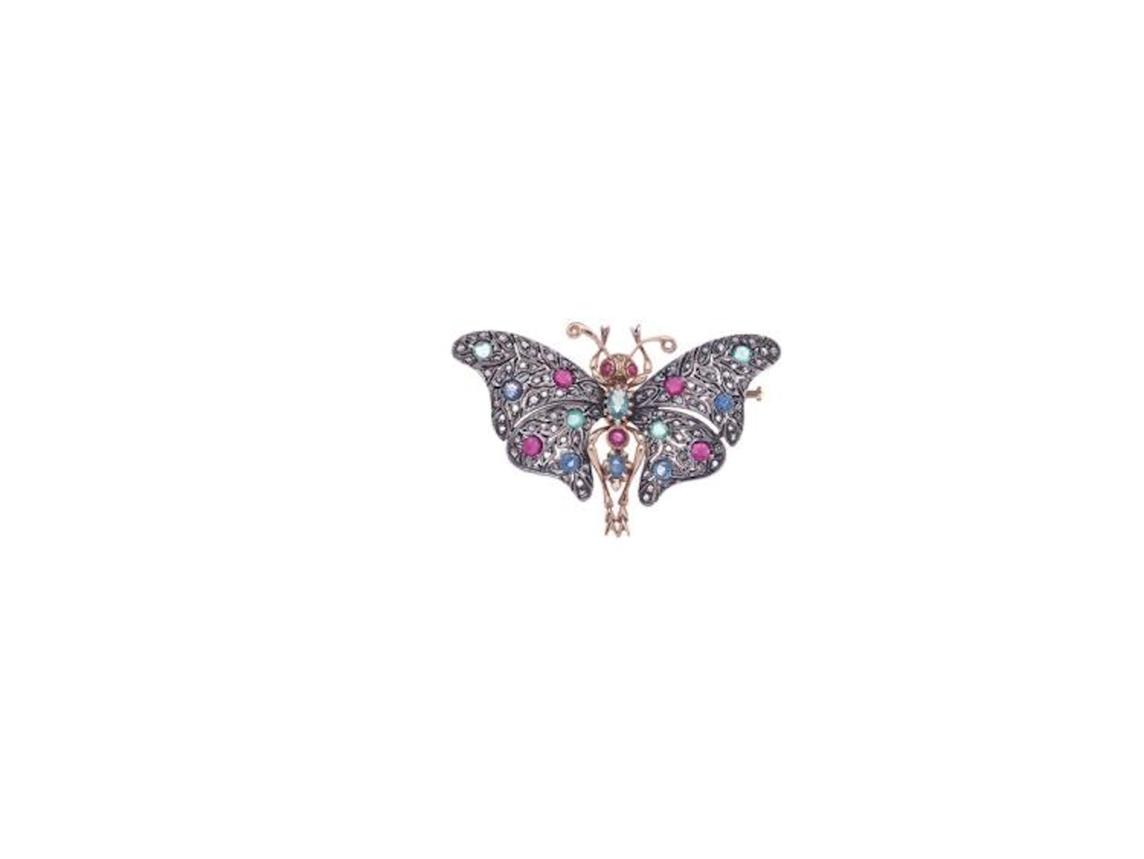 Yellow Gold 18K And Silver Brooch, With Diamonds, Rubies, Sapphires And Emeralds