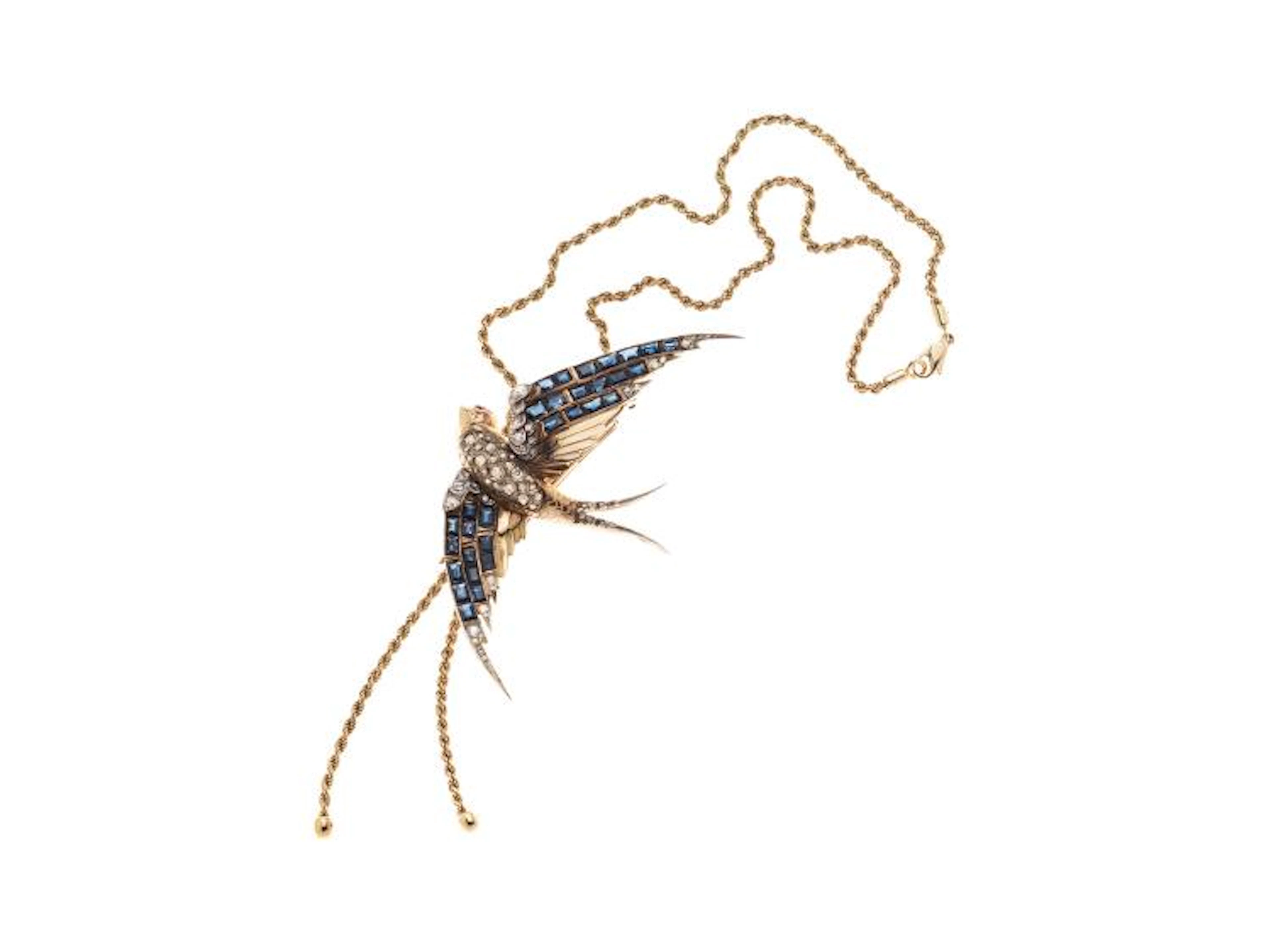 Brooch 'Swallow-Shaped' In Yellow And White Gold 18K With Diamonds And Sapphires