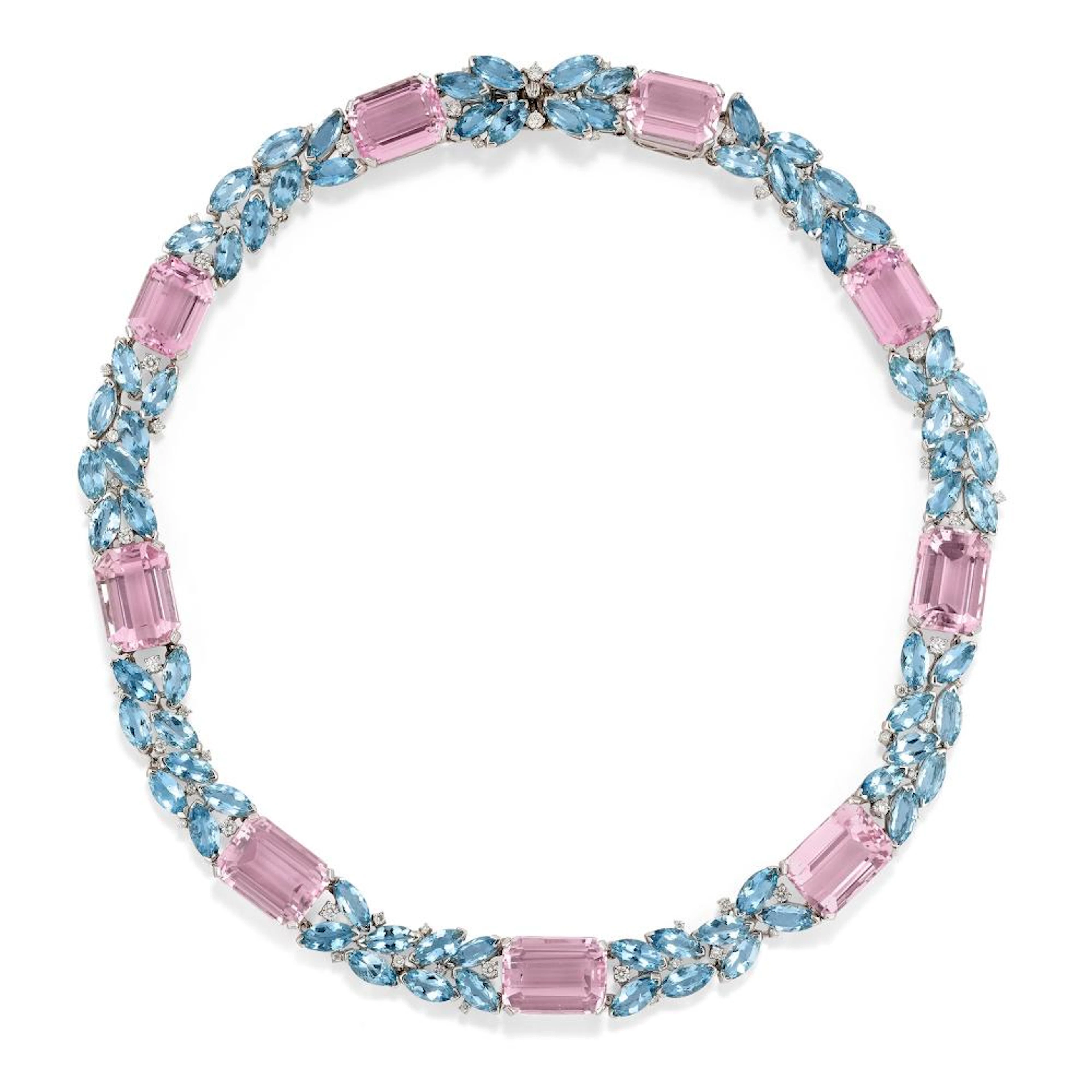A 18K white gold, aquamarine, kunzite and diamond necklace