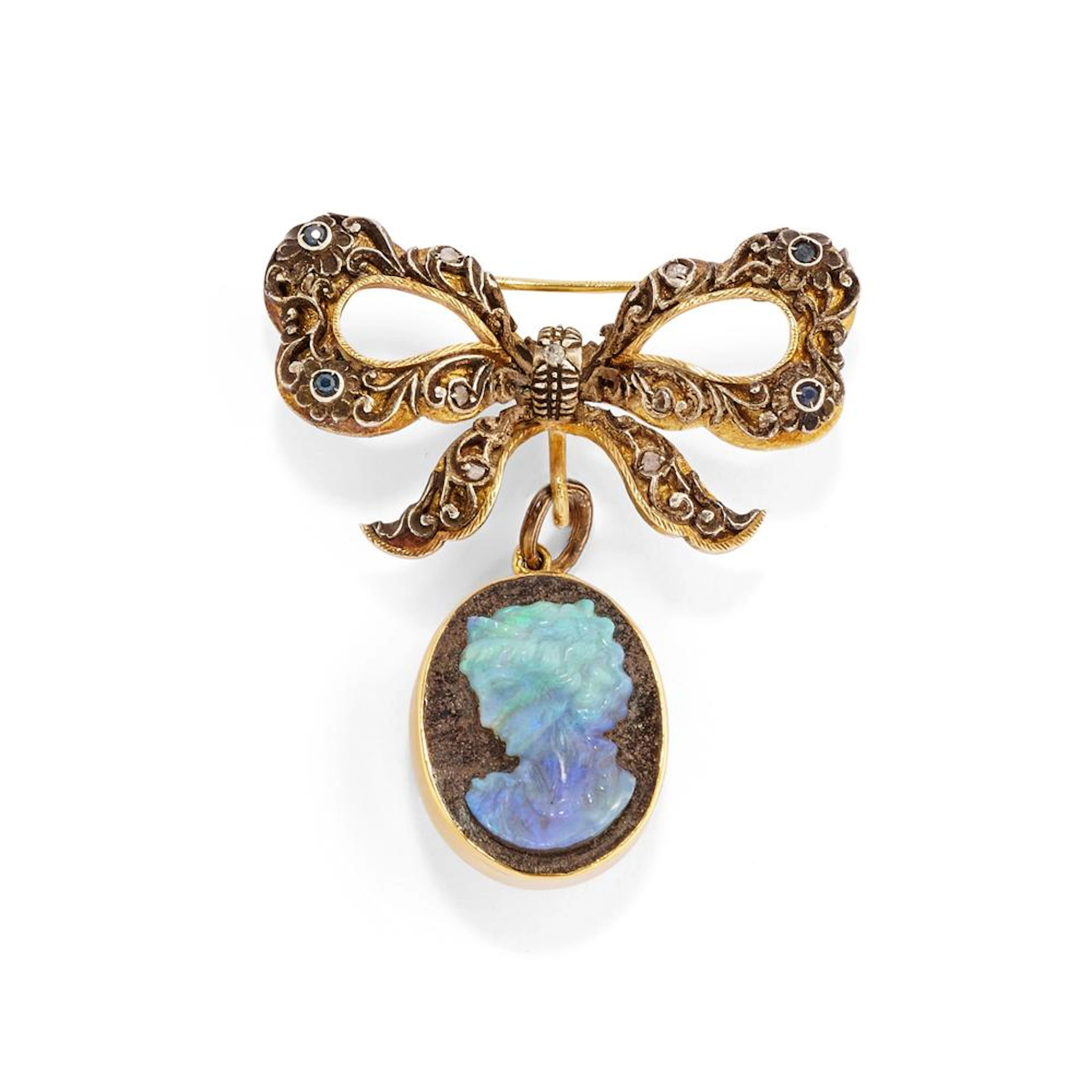 Sapphire and opal cammeo brooch, 18k yellow gold, silver,