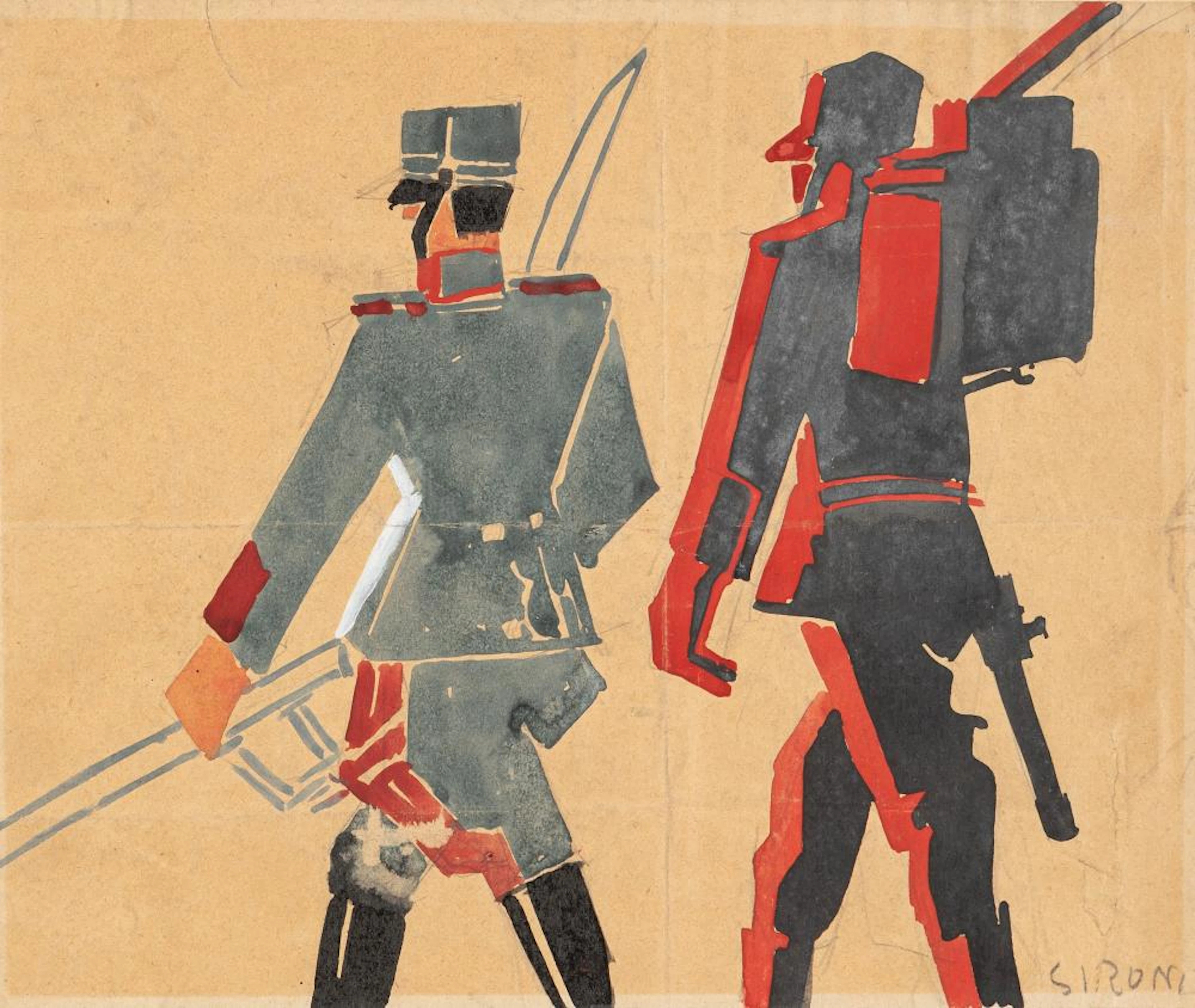 Mario Sironi (Sassari 1885-Milano 1961) - Due soldati - Studio per illustrazione