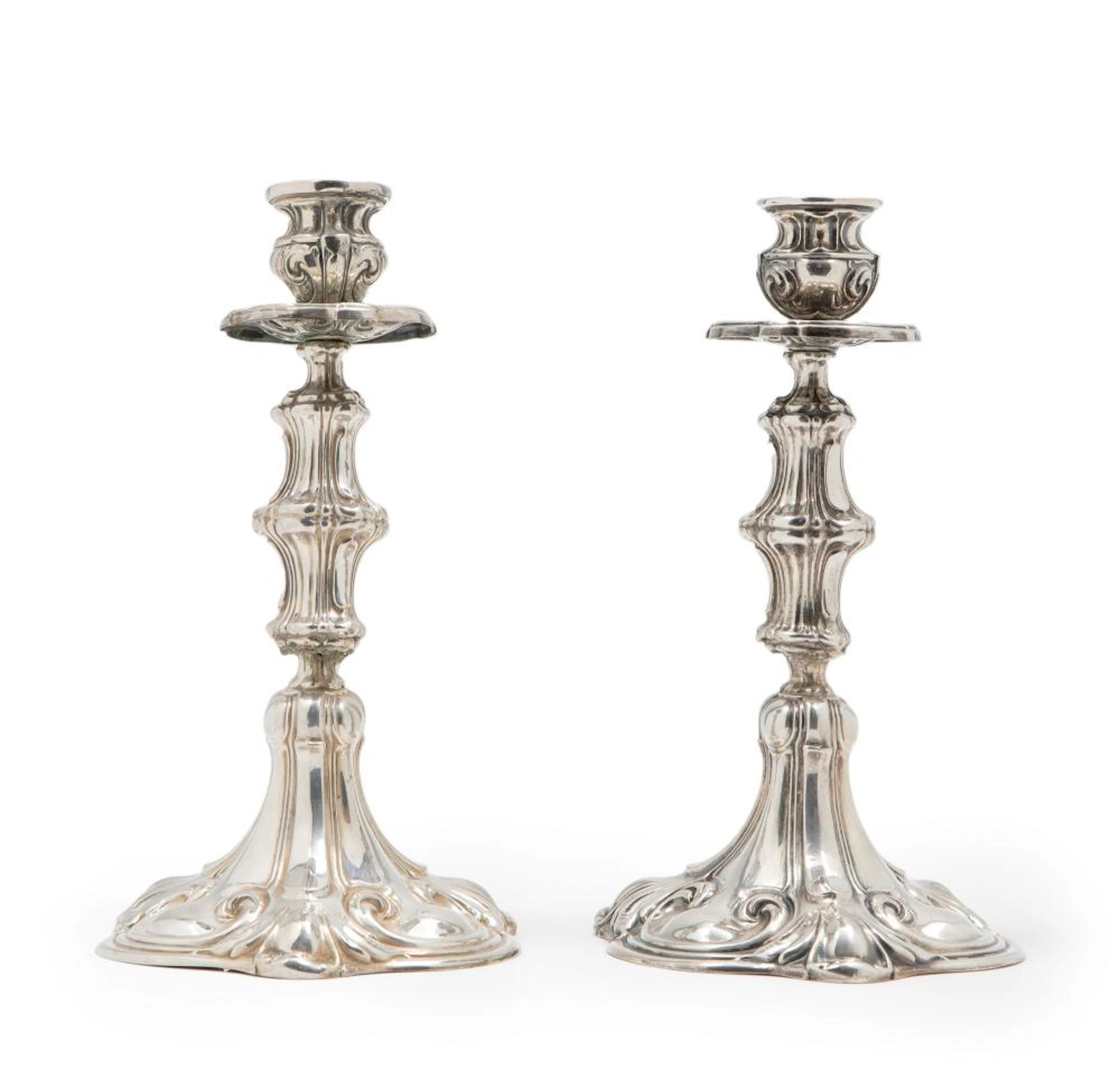 A couple of silver candelstick, Italy early 20th Century, defects