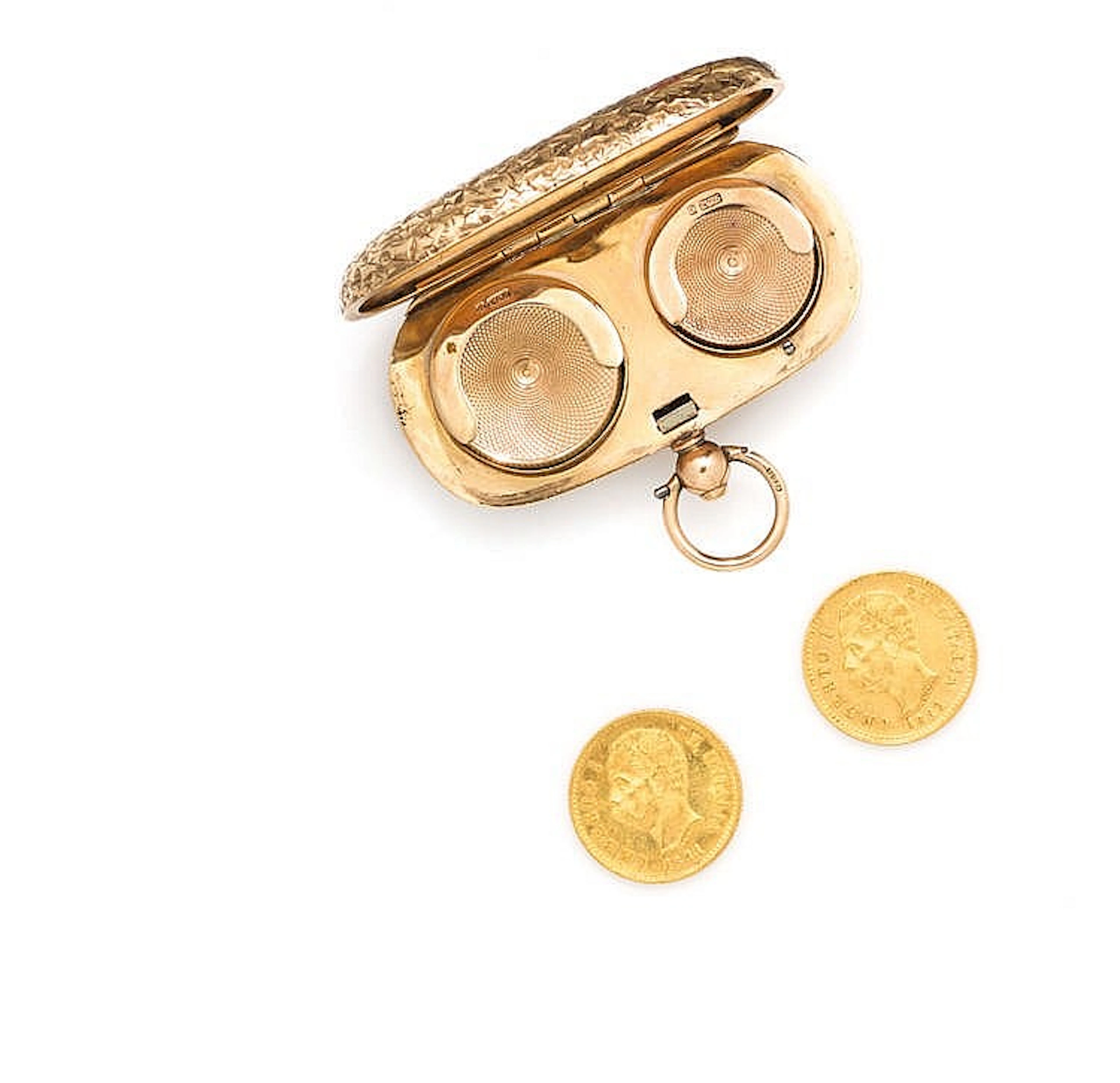 YELLOW GOLD 9 K COIN BOX AND TWO GOLD COINS, MARENGHI UMBERTO I°
