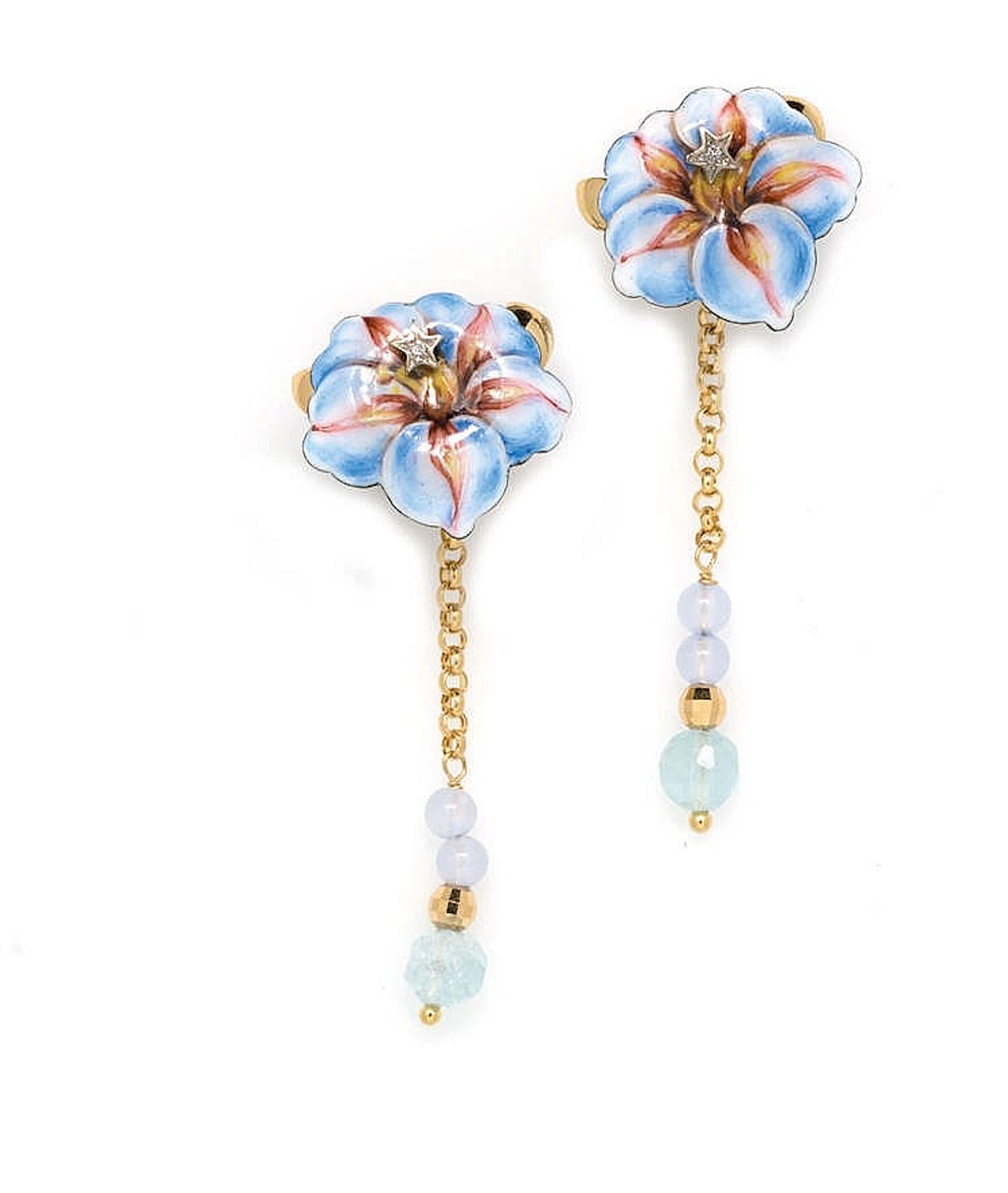 ENAMEL,GOLD AND CUPPER PAIR OF EARRINGS WITH NATURAL GEMS AND DIAMONDS