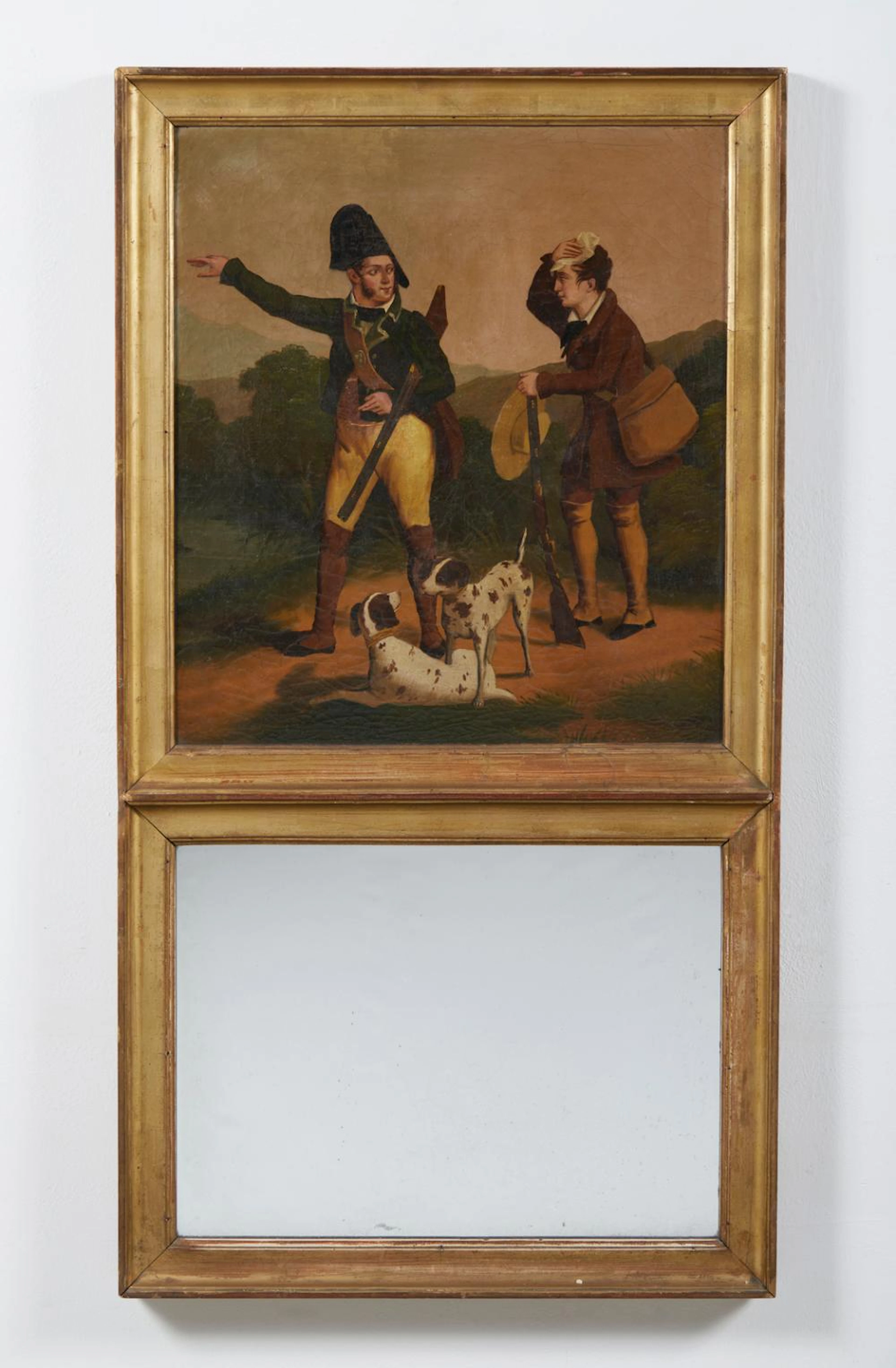 19TH CENTURY ARTIST Fireplace mirror with painting depicting hunting scene