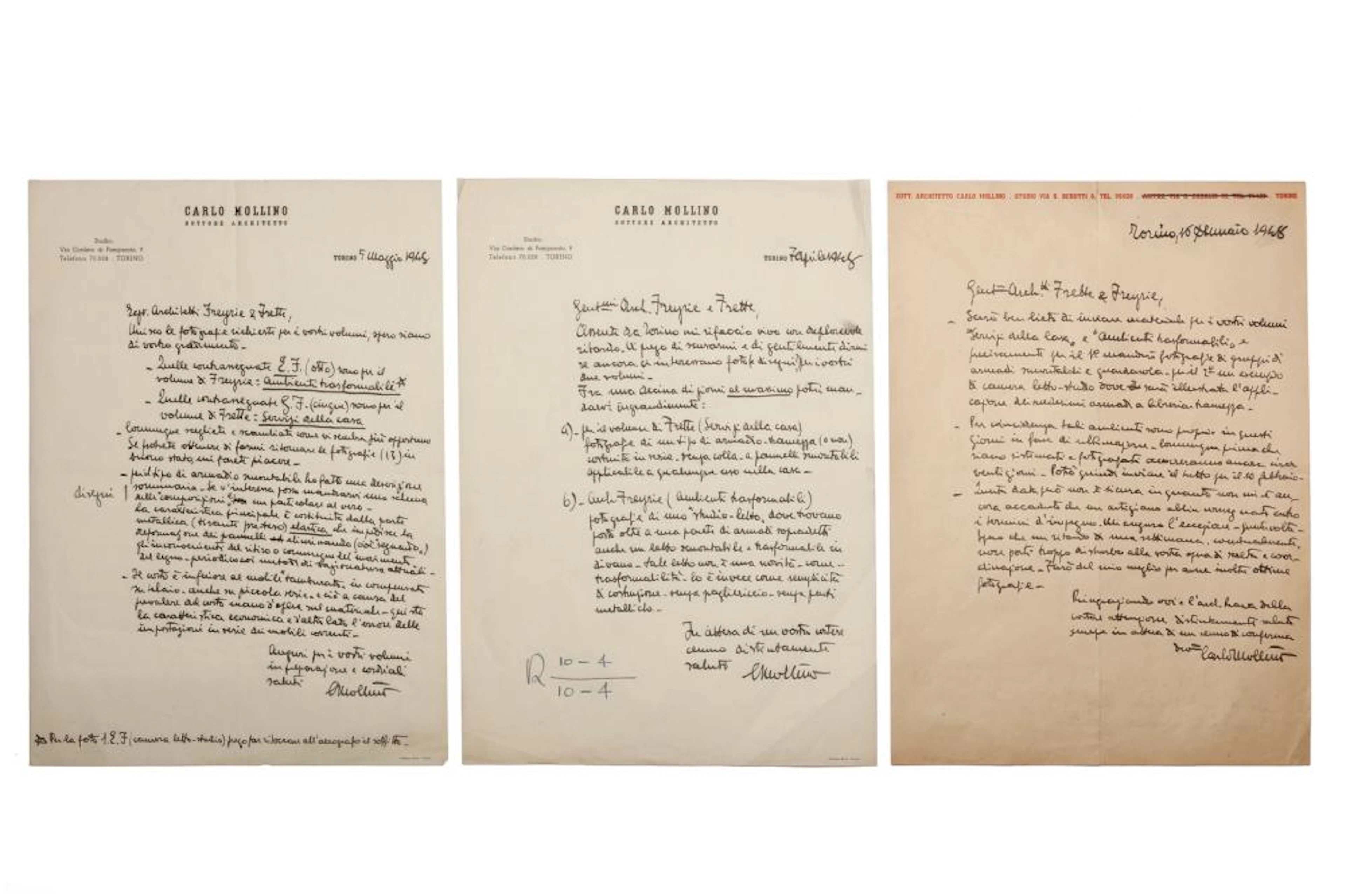 MOLLINO CARLO (1905 - 1973) Three autograph letters...