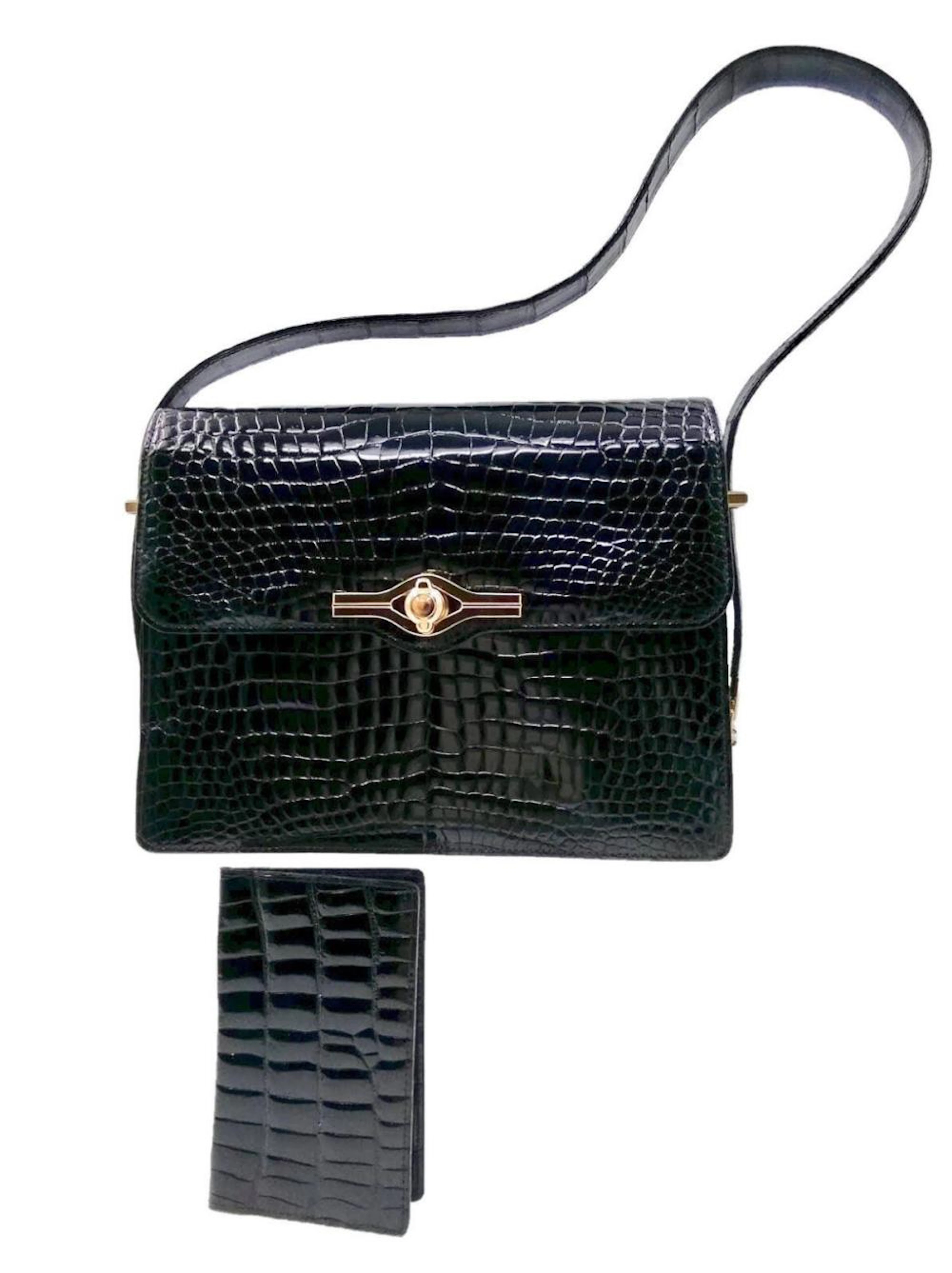GUCCI Black Porosus Croc shoulder bag.