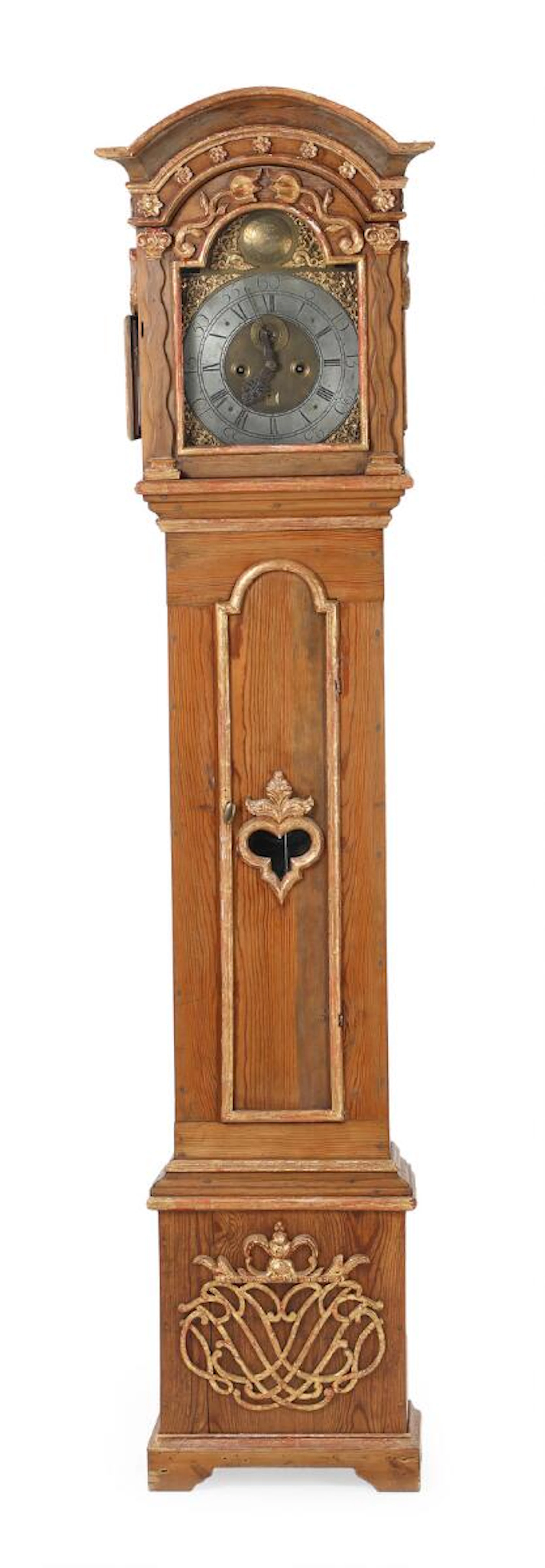 A Danish 18th century Rococo partly gilt pinewood longcase clock