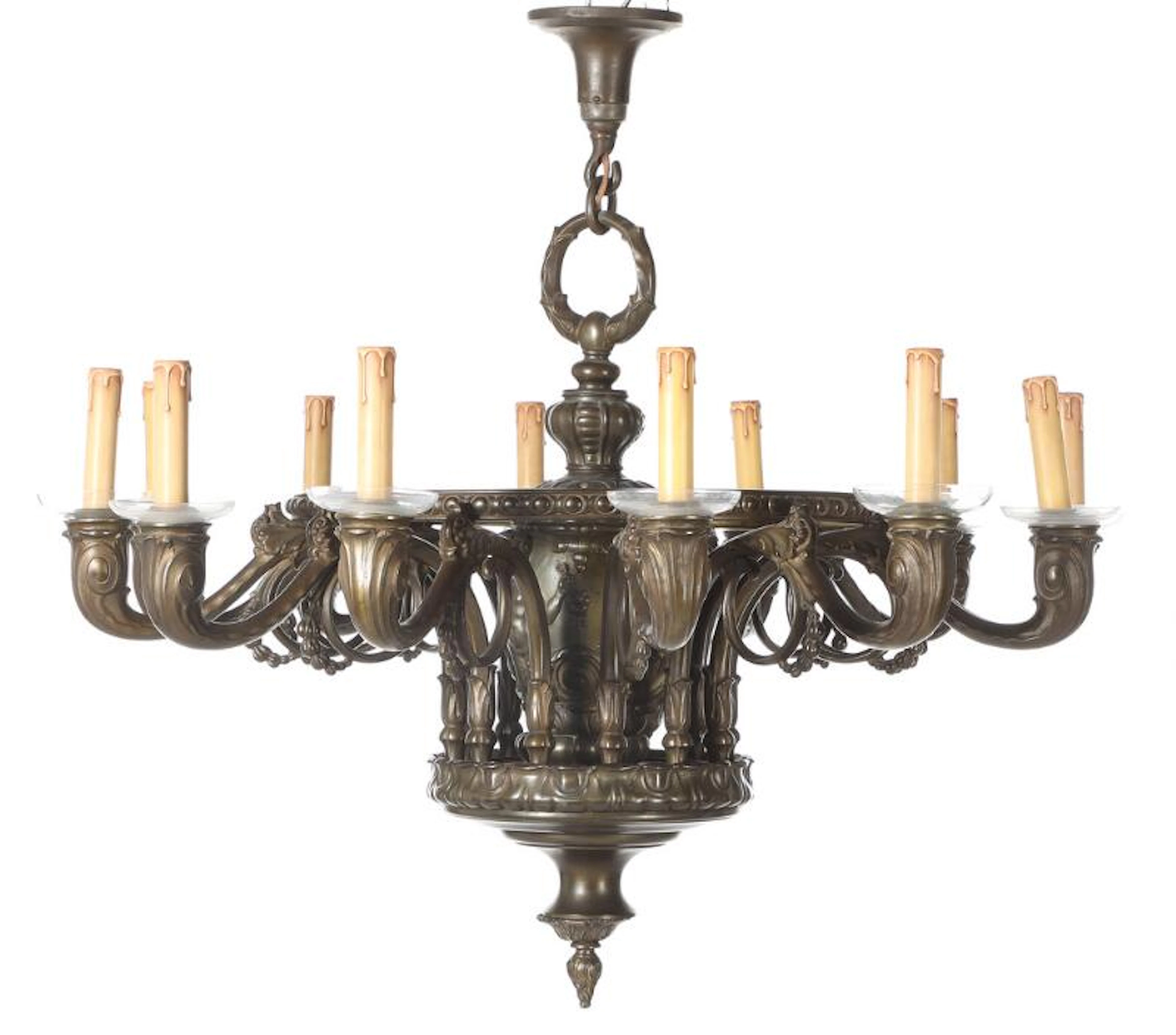 A circa 1900 patinated bronze chandelier with 12 curved light arms