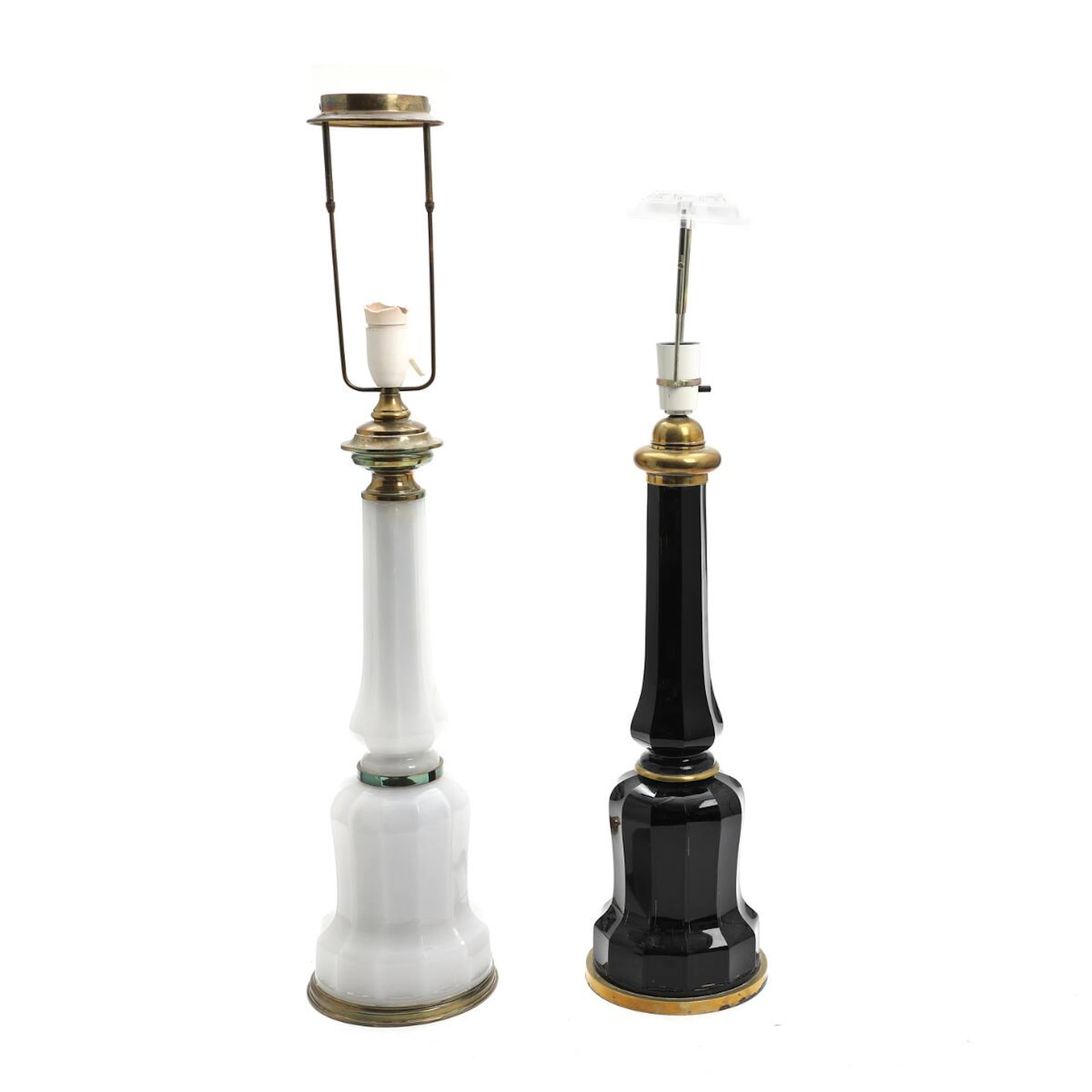 Two Heiberg table lamps of black and white opaline glass...