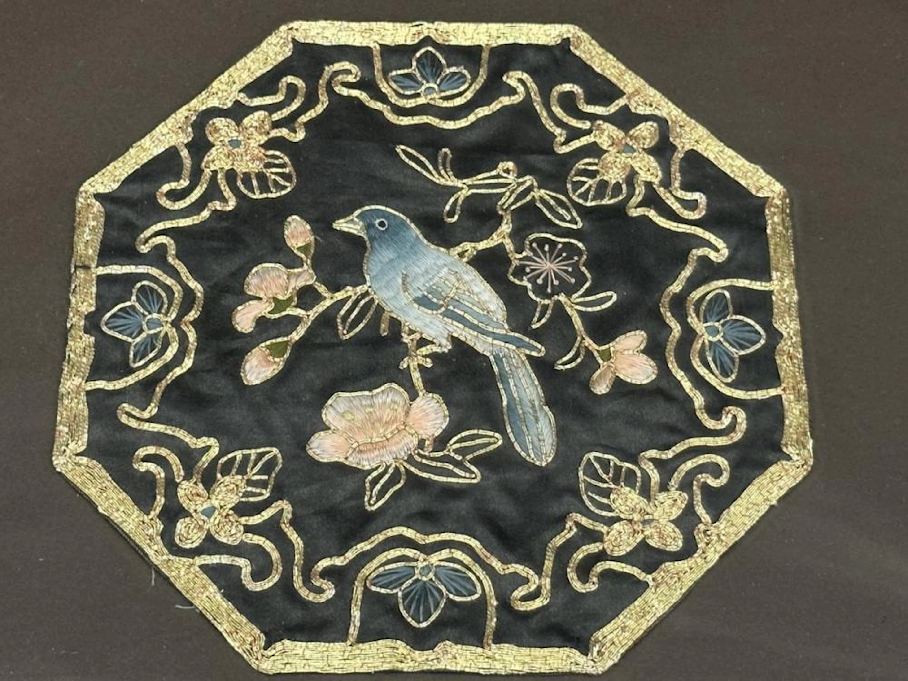 Framed Chinese GoldEmbroidered OctagonTextile Bird