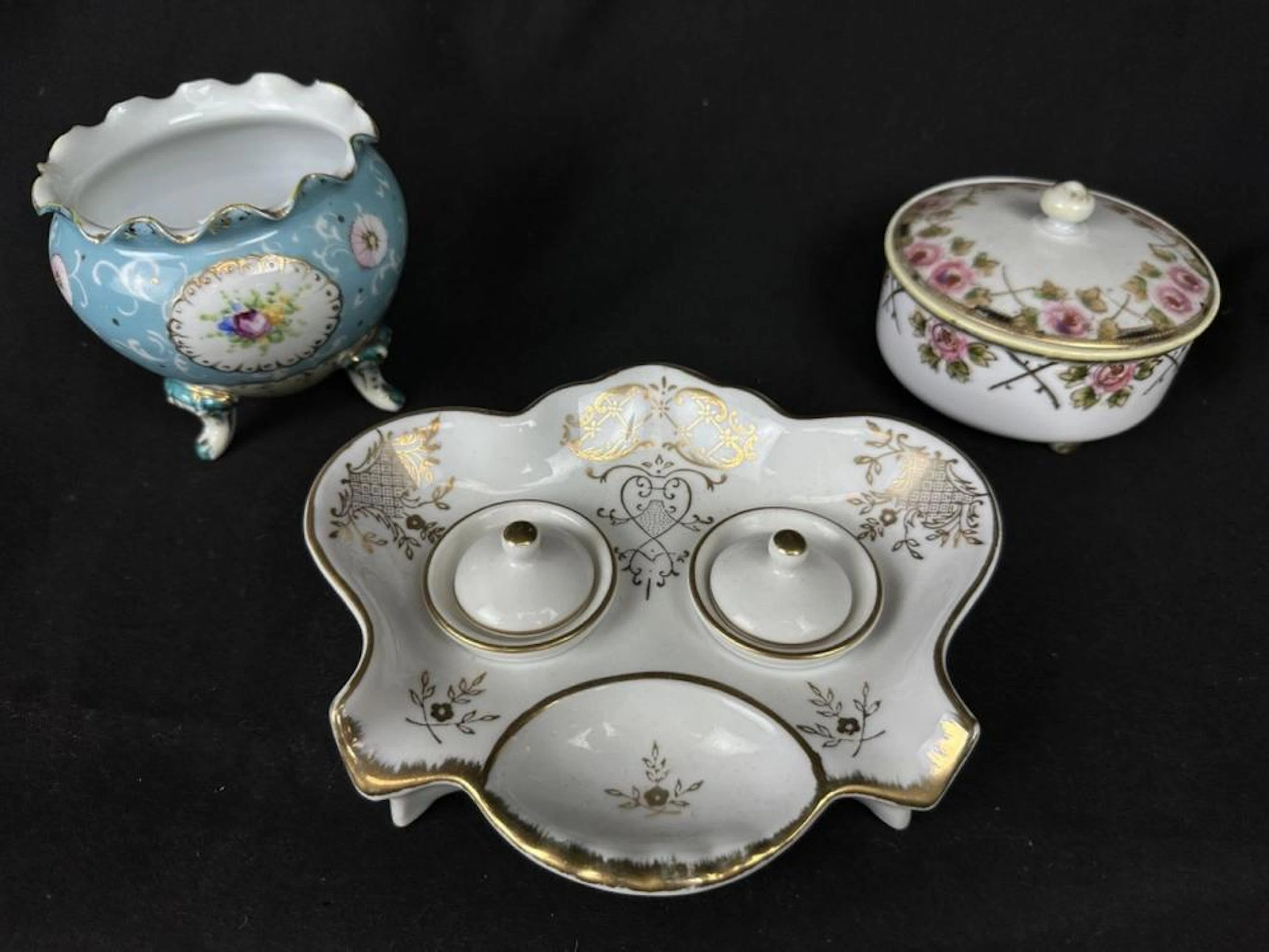 3pc Handpainted Porcelain w/Gold Accents Inkwell+