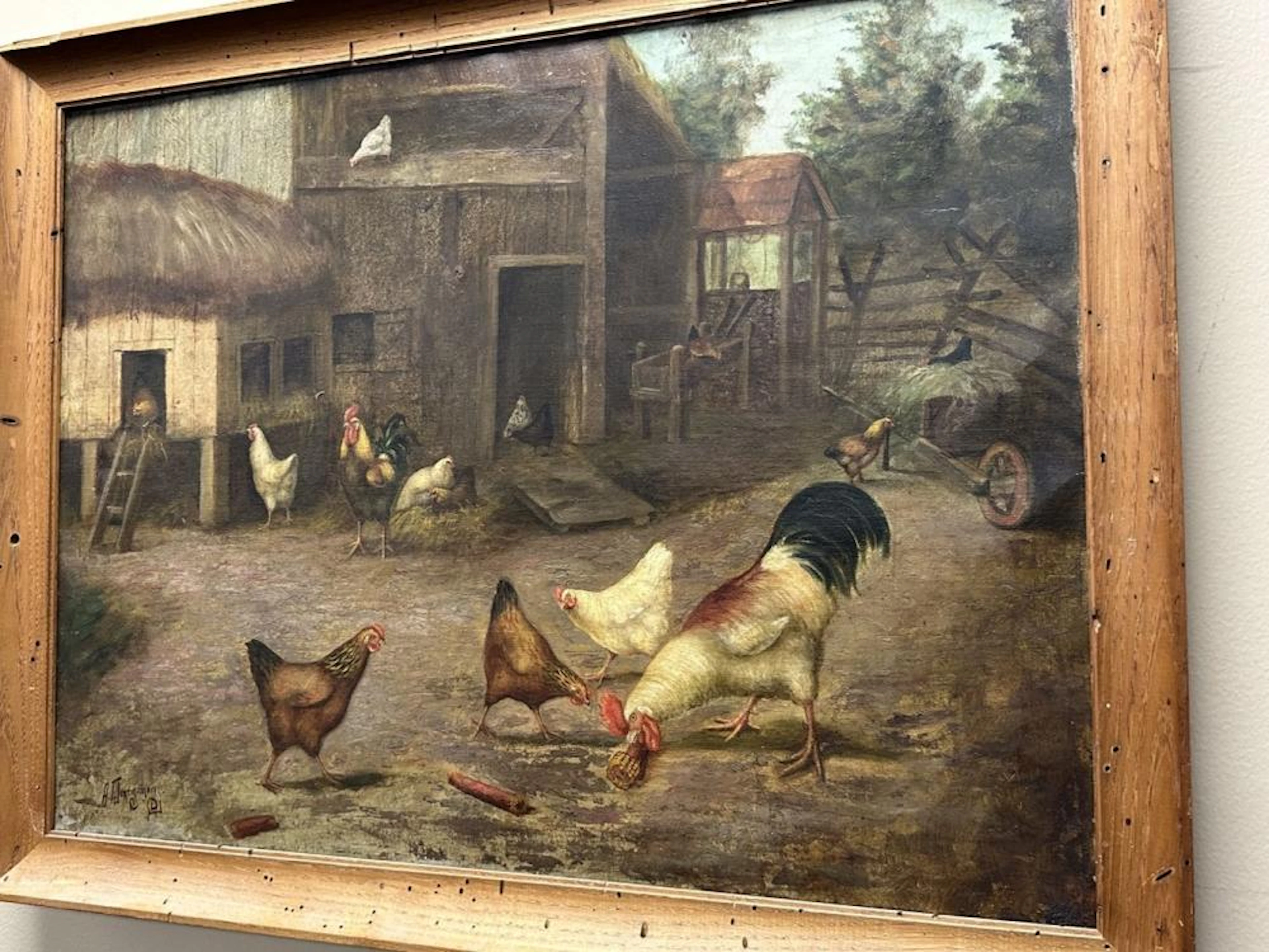 Alfred Montgomery 1900 Oil Painting Barn Chickens