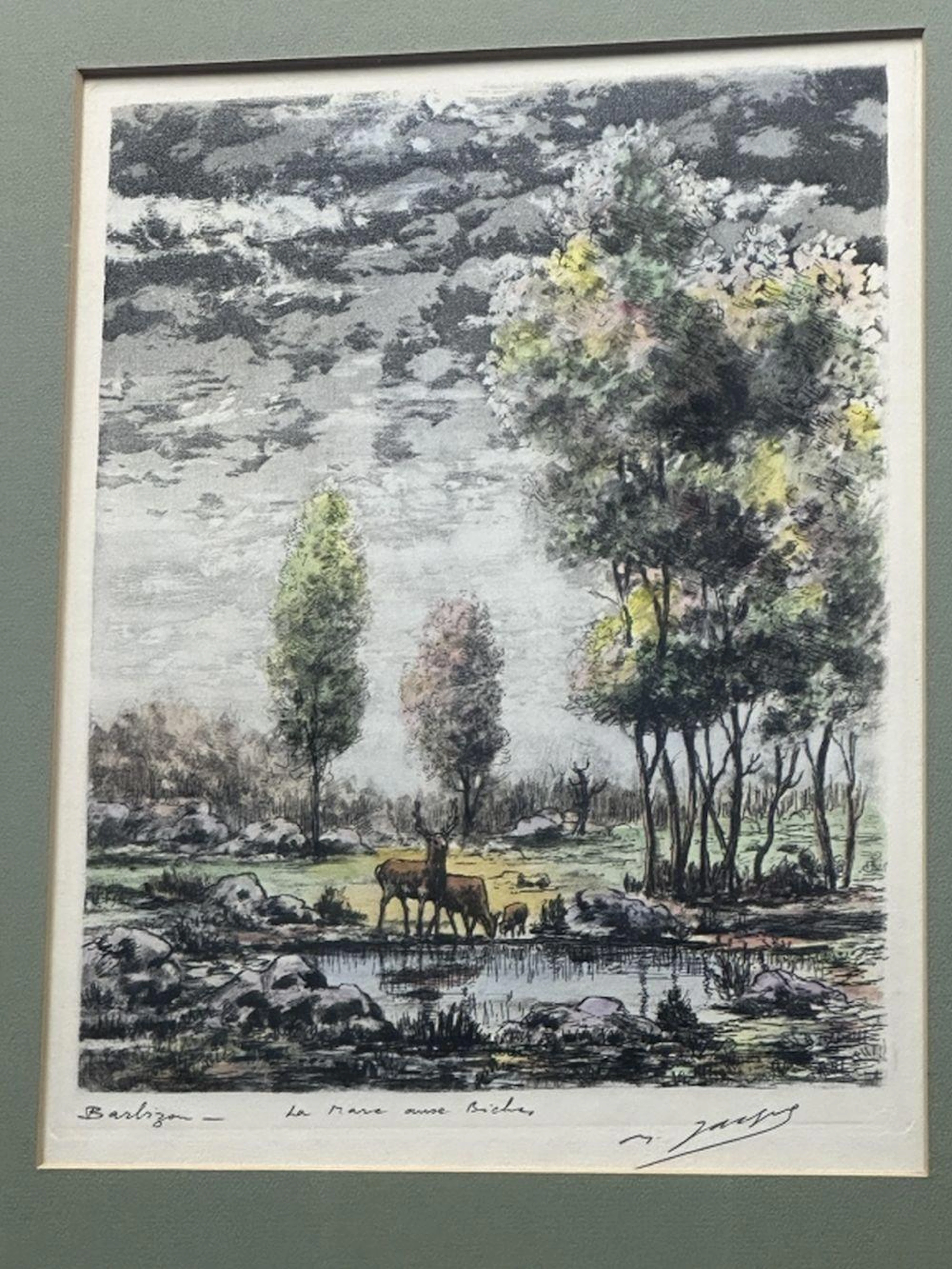 1800s Etching Deer Pond Maurice Jacques France