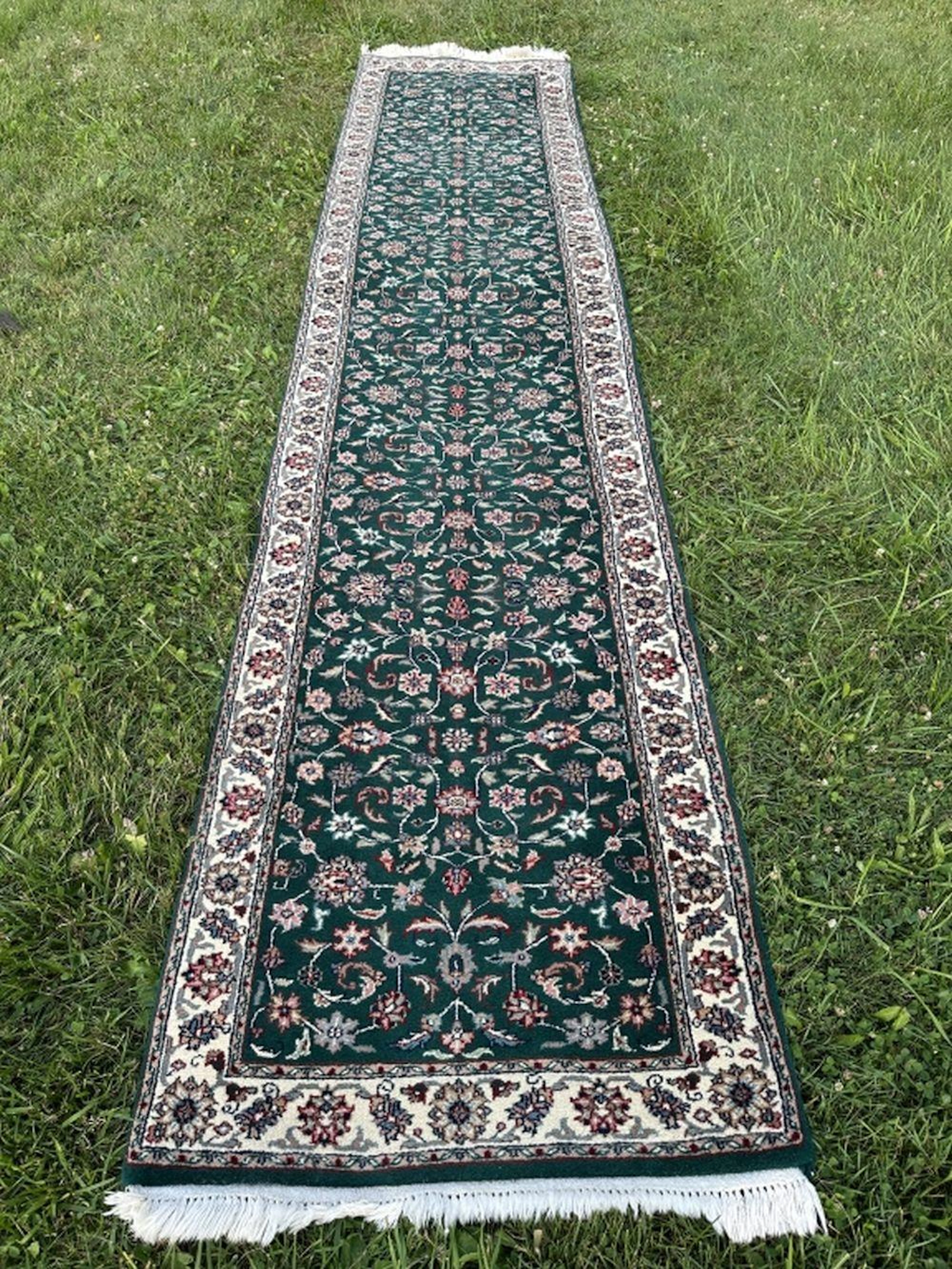 Handmade Oriental Runner Green & Creme 11"9' long
