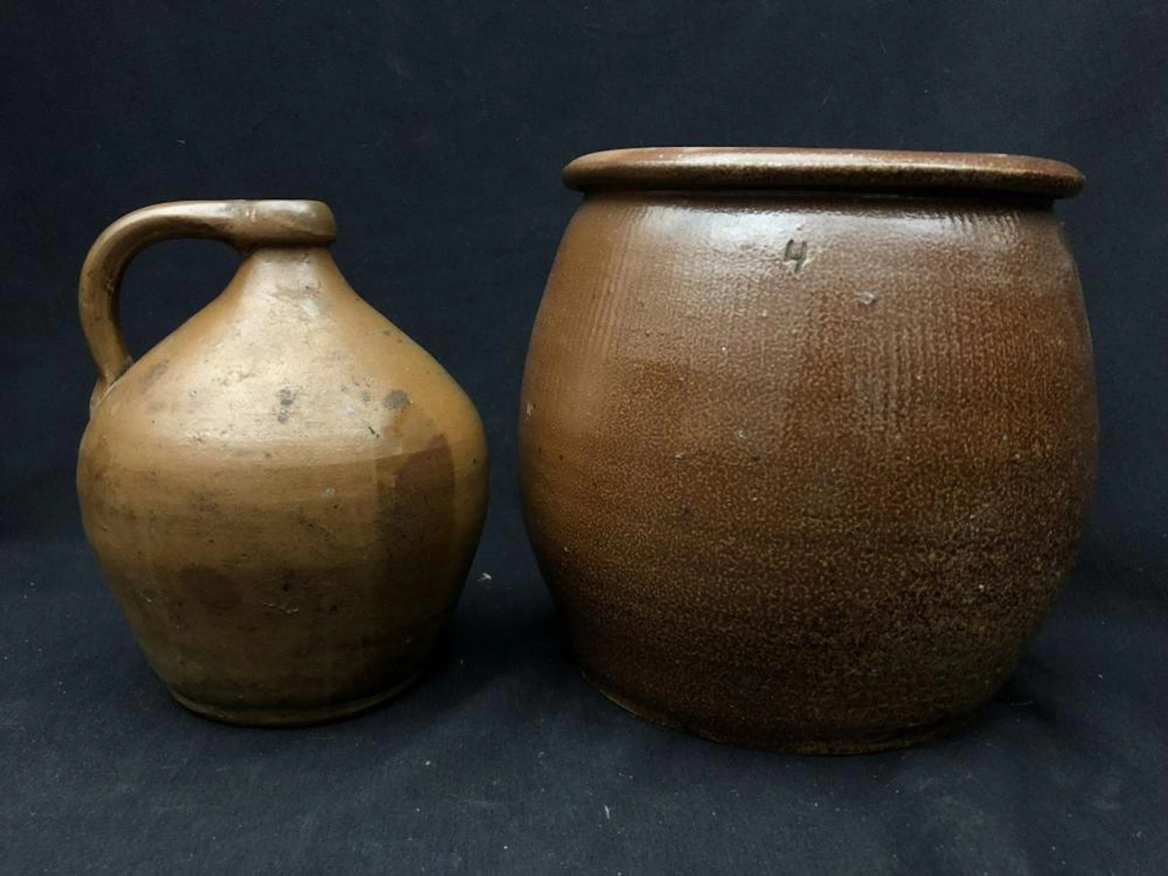 Antique Salt Glazed Warm Brown Jug & Crock