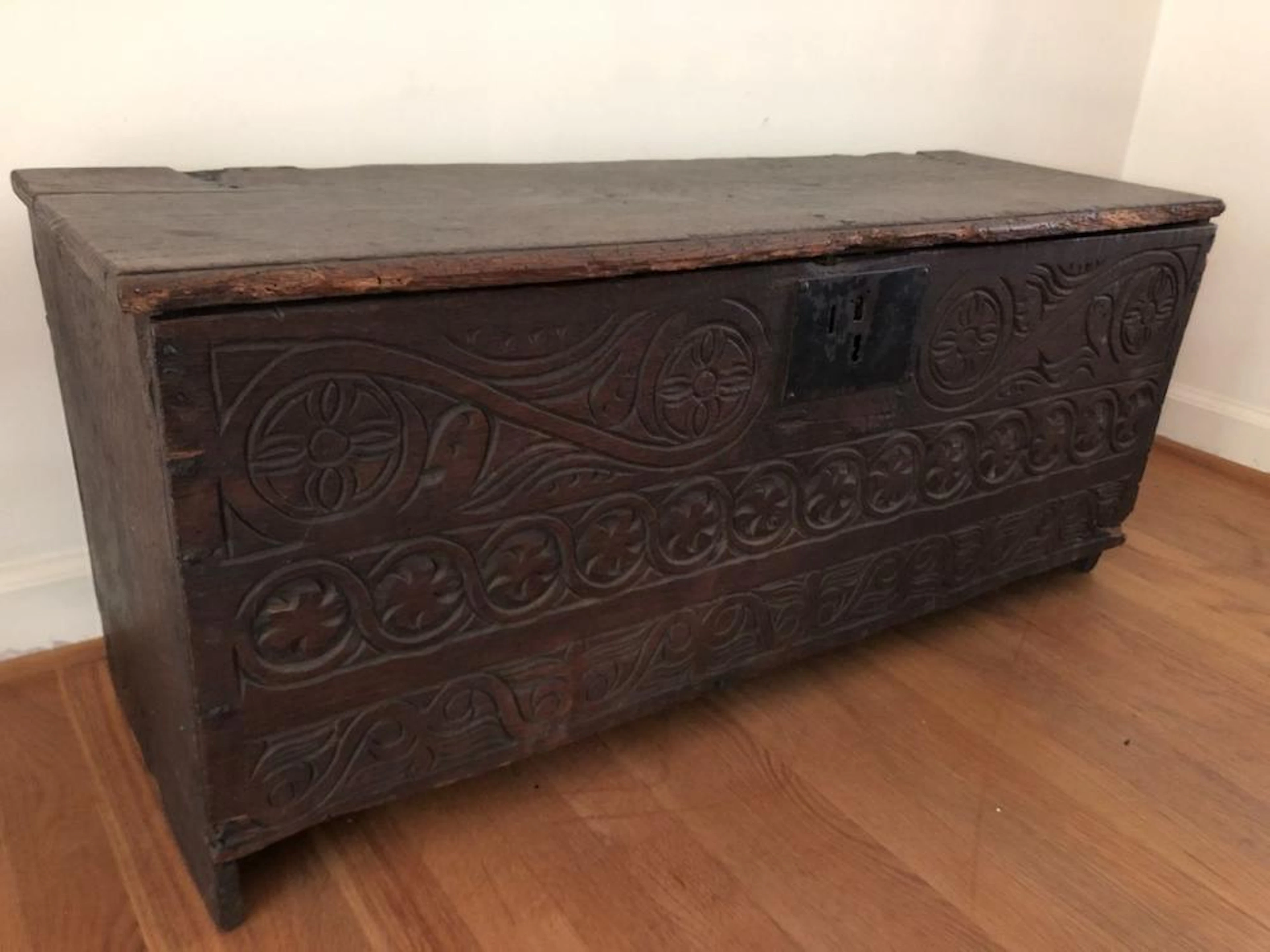Handcarved Primitive Baroque Hinged Chest Trunk